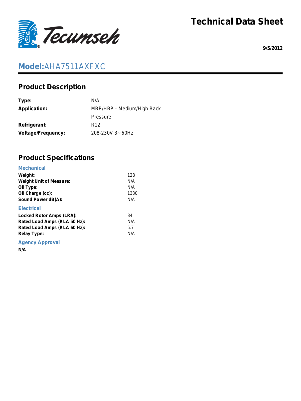 Tecumseh AHA7511AXFXC User Manual