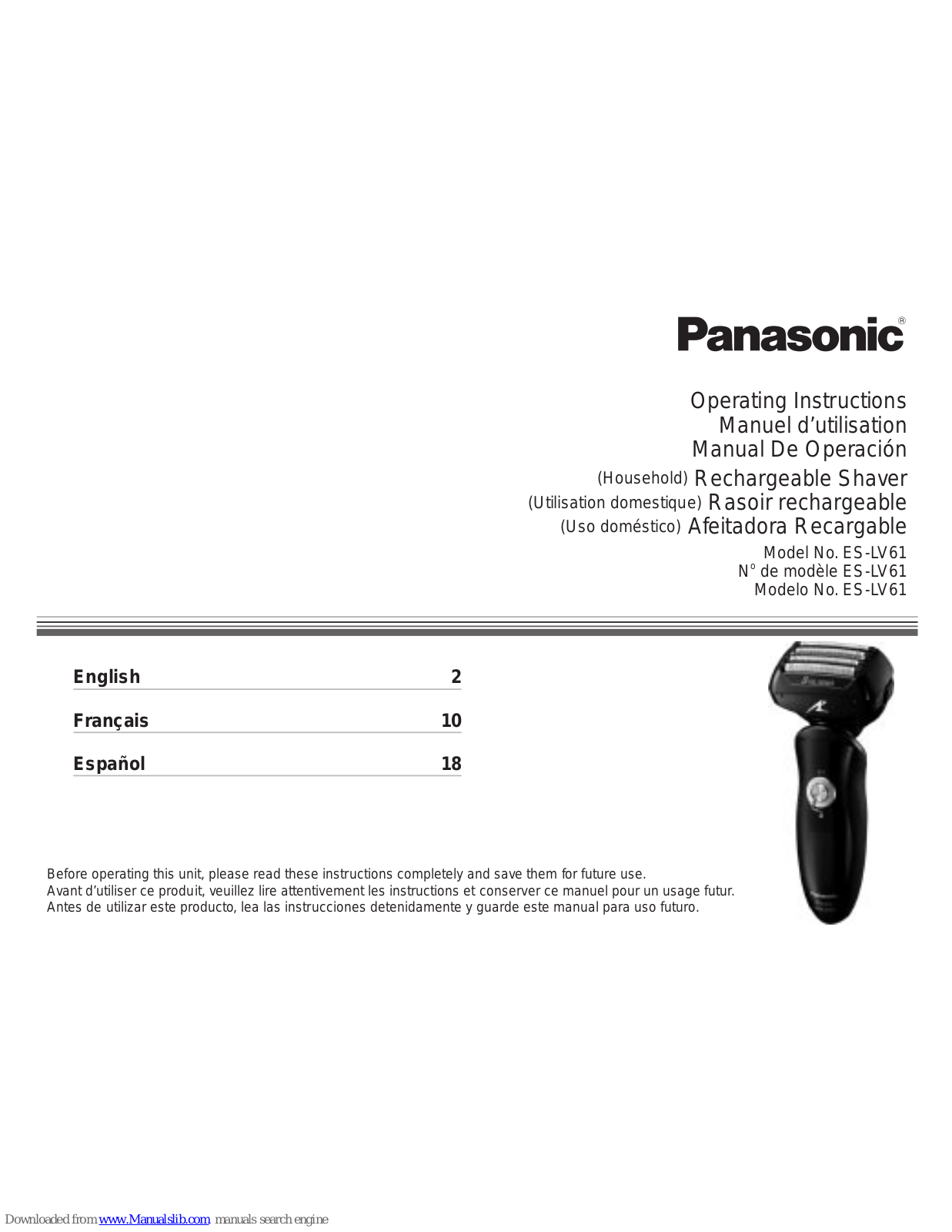 Panasonic ES-LV61-A, ES‑LV61 Operating Instructions Manual