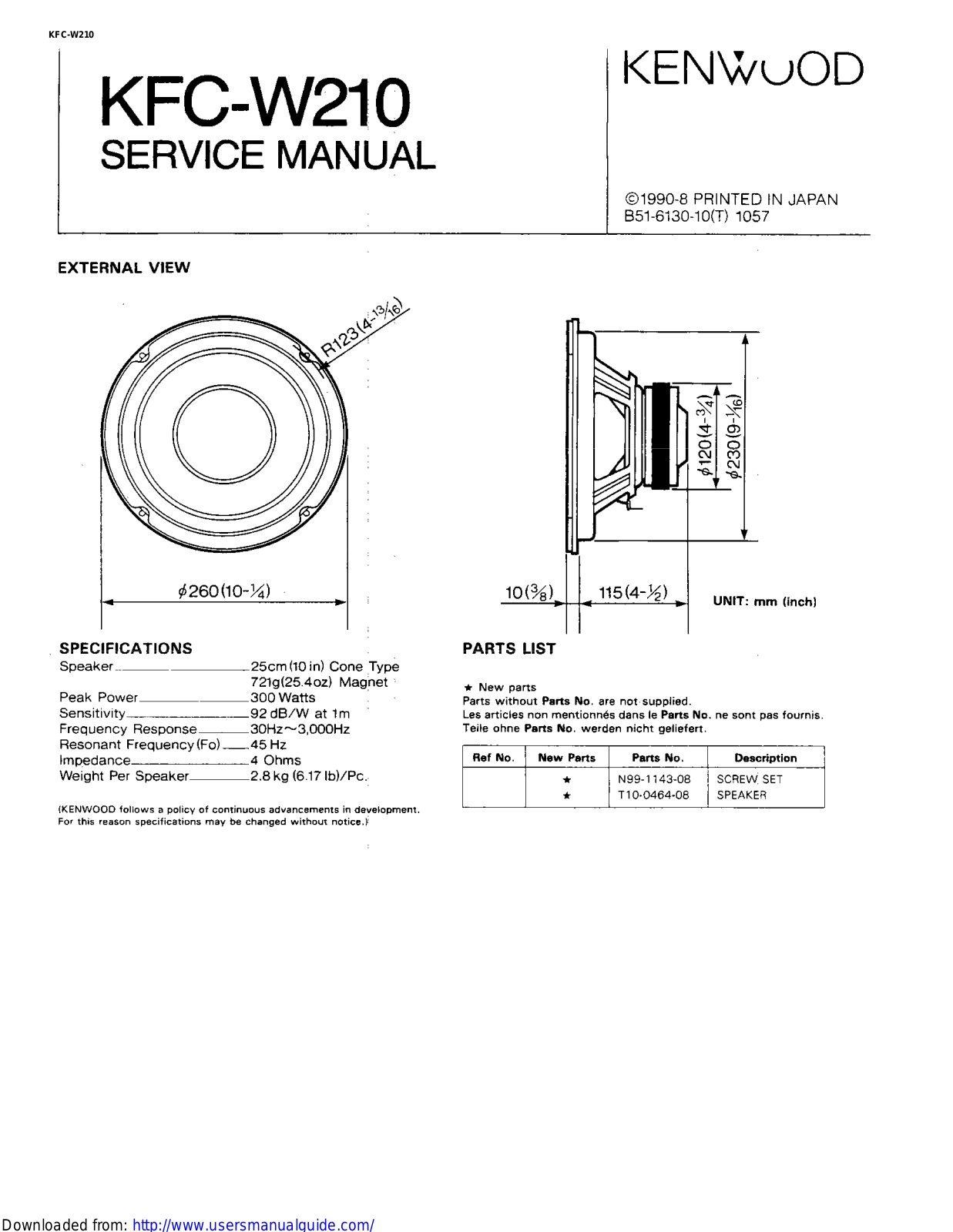 KENWOOD KFC-W210 User Manual