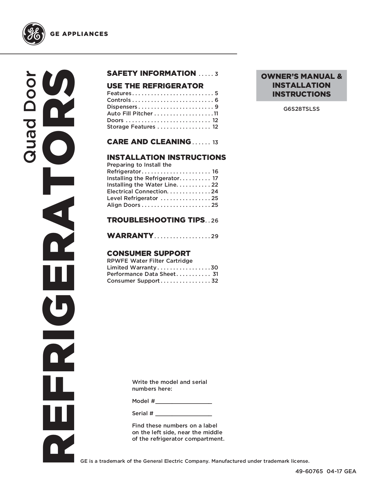 General Electric G6S28TSLSS Installation