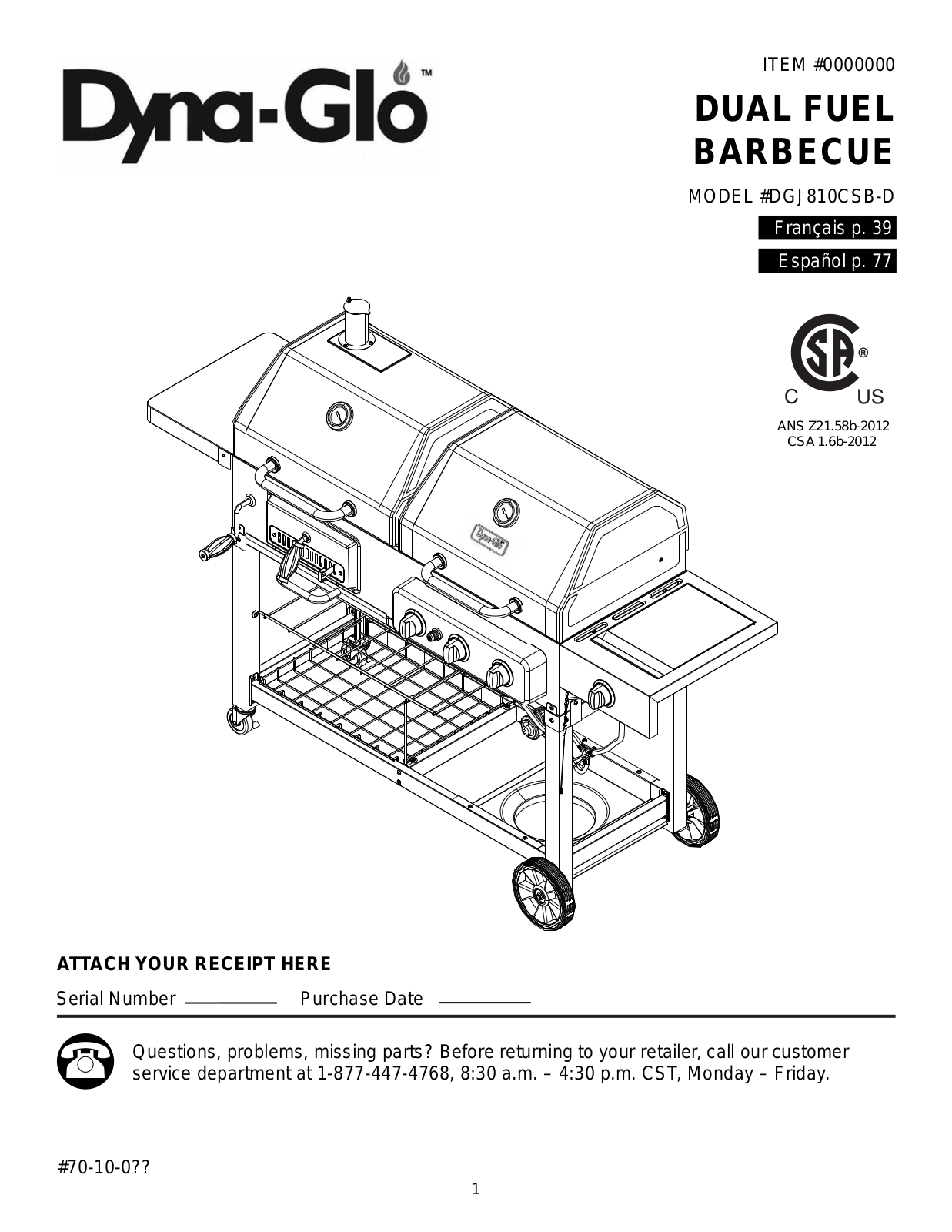 Dyna-glo Dgj810csb-d-1 Owner's Manual