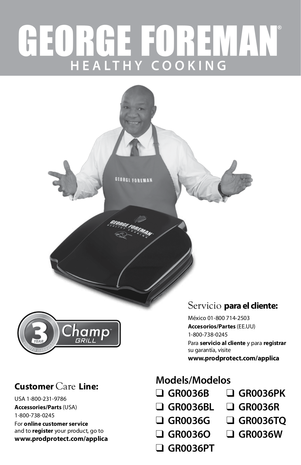 George Foreman GR0036BL, GR0036O, GR0036PK, GR0036R, GR0036PT Owner's Manual