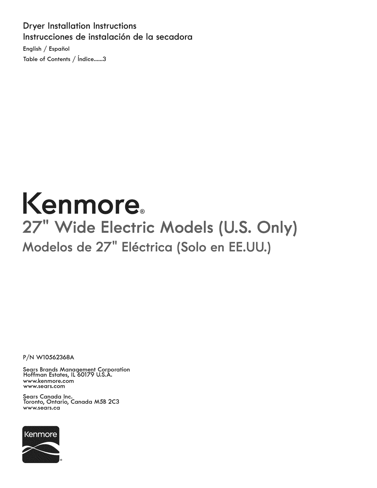 Kenmore 11067102310, 11077102310 Installation Guide