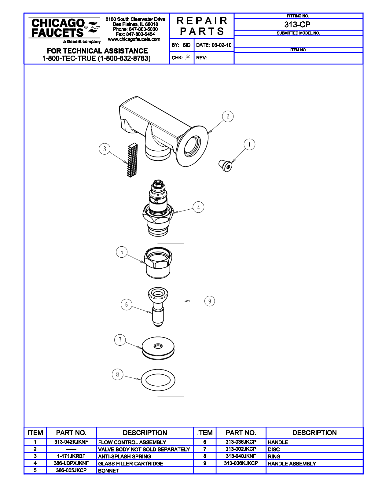 Chicago Faucet 313 Parts List