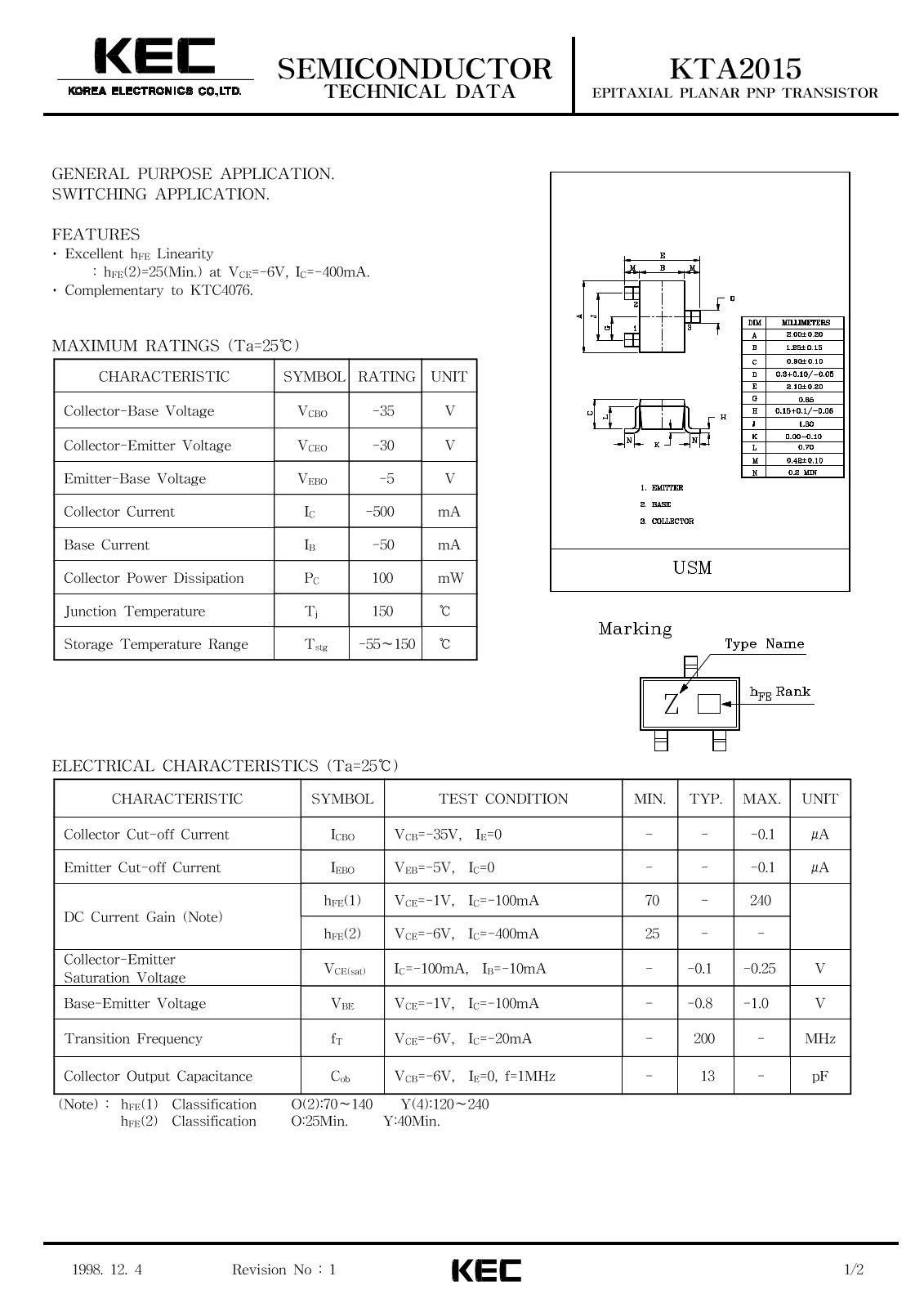 KEC KTA2015 Datasheet