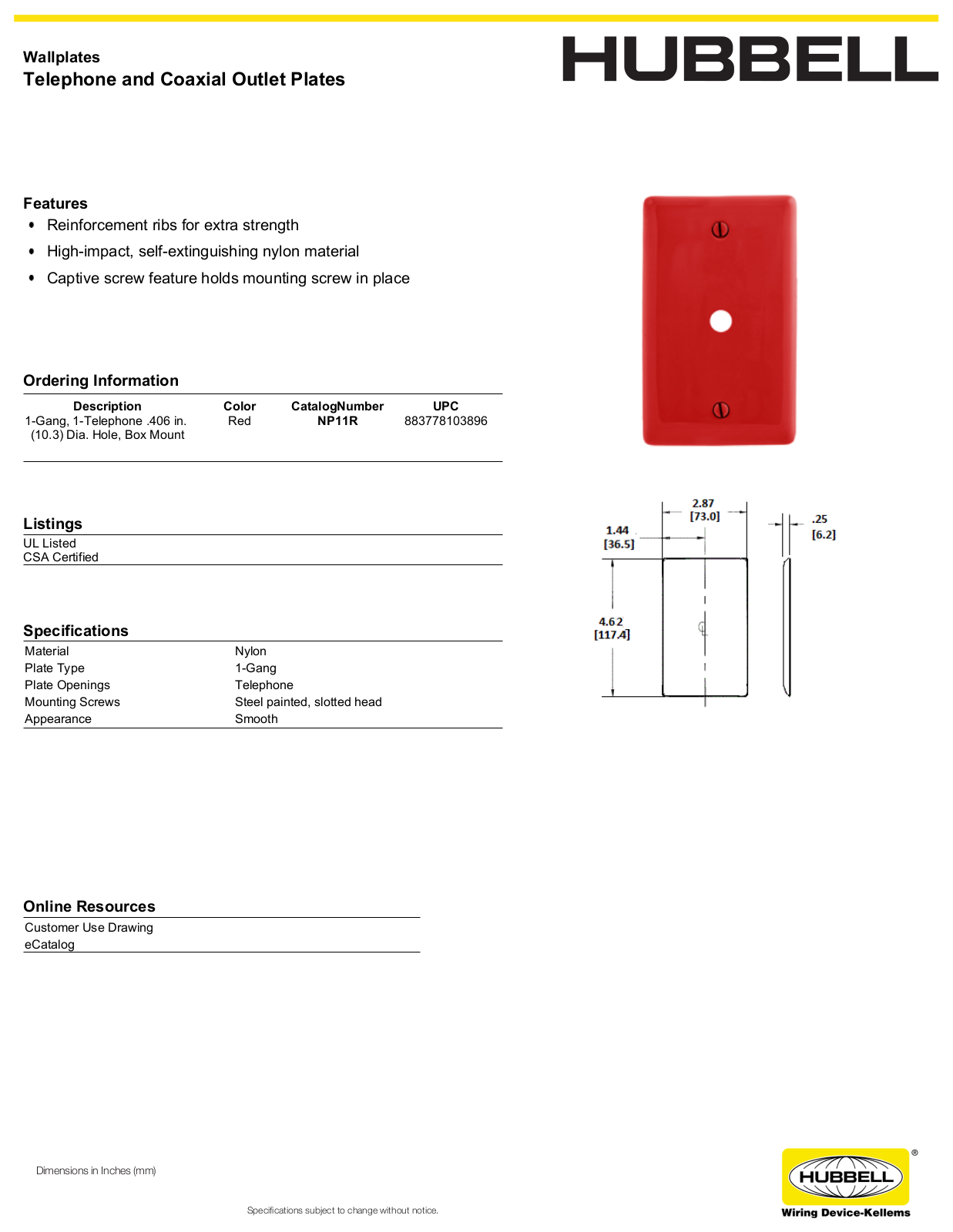 Hubbell NP11R Specifications