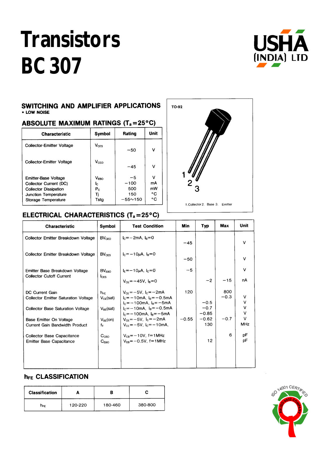 USHA BC307 Datasheet