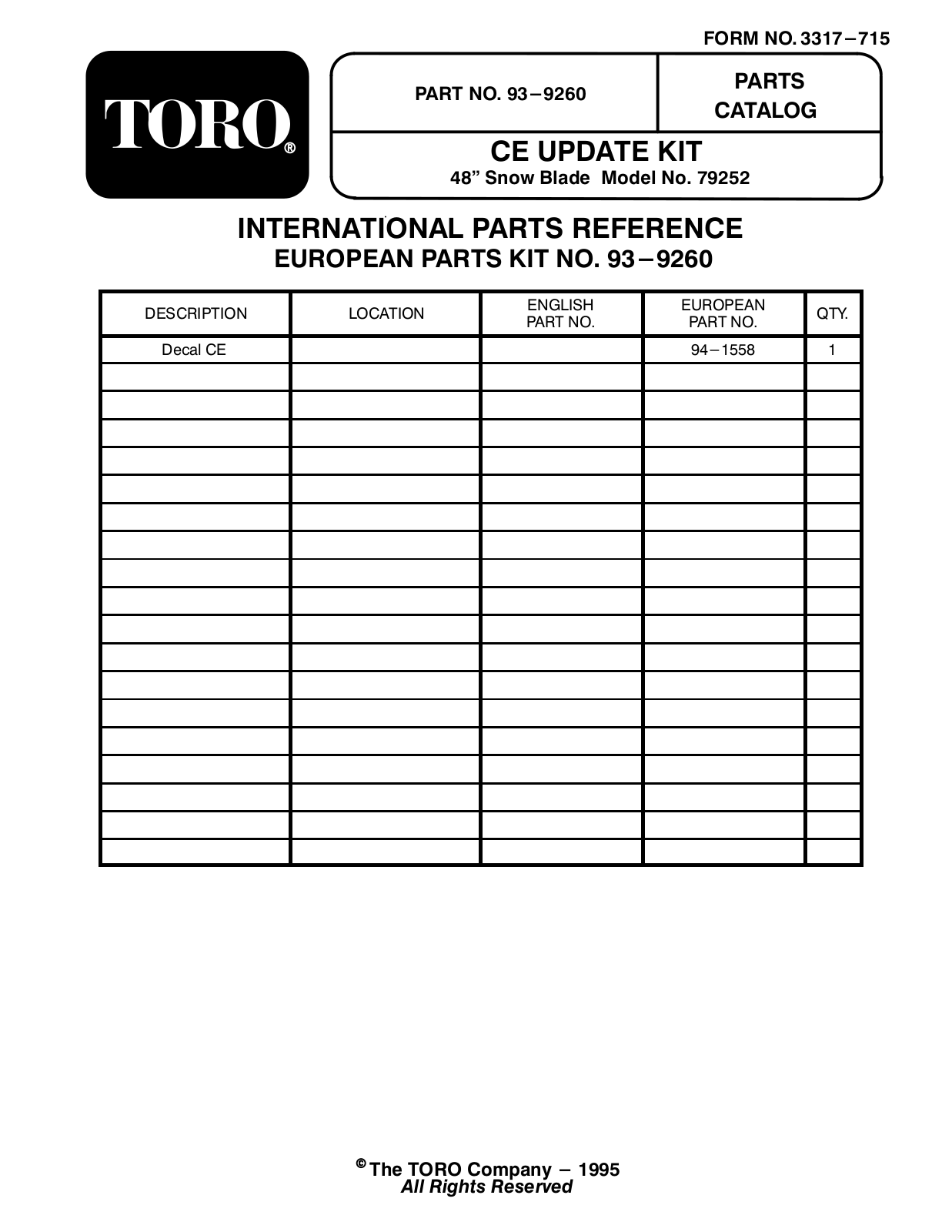 Toro 93-9260 Parts Catalogue