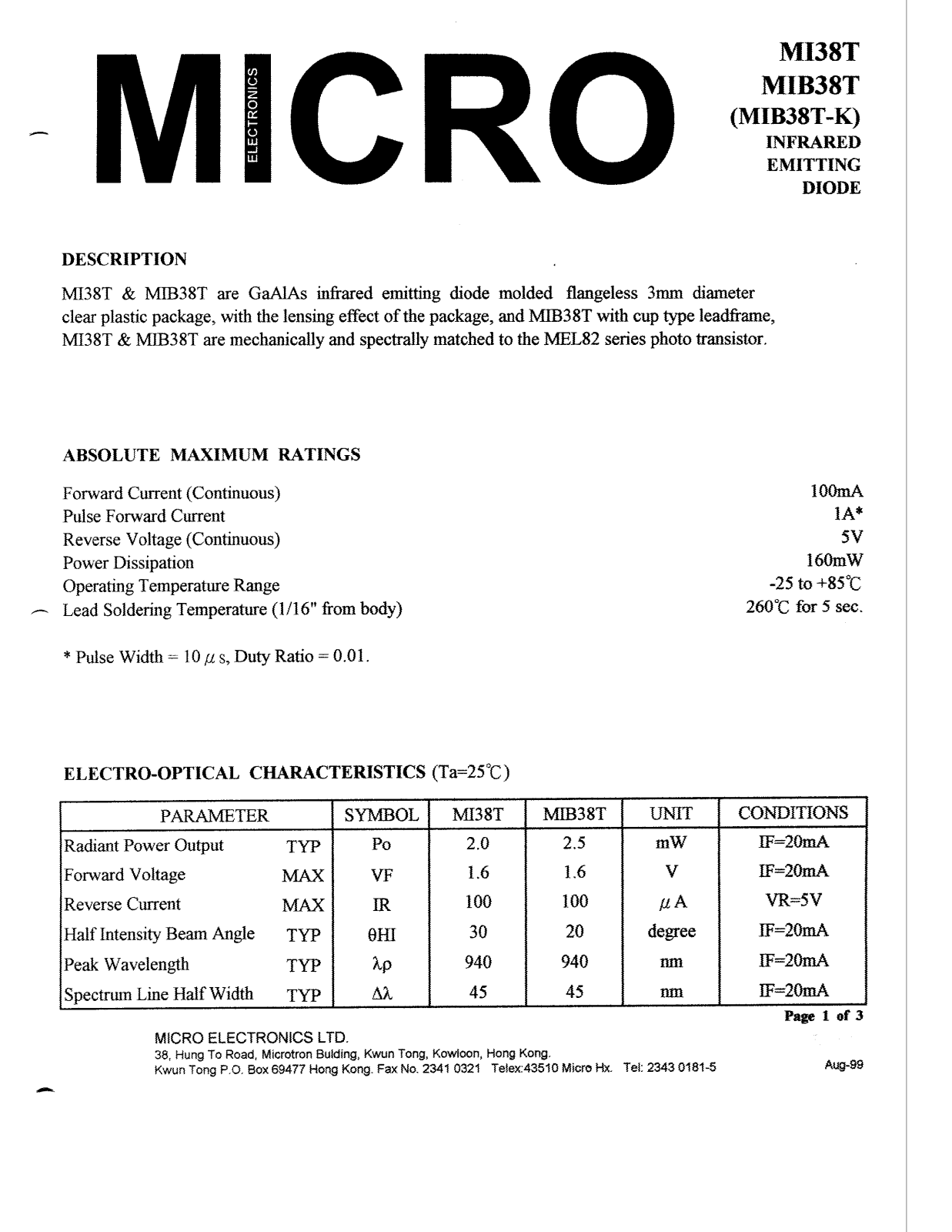 MICRO MIB38T, MI38T Datasheet