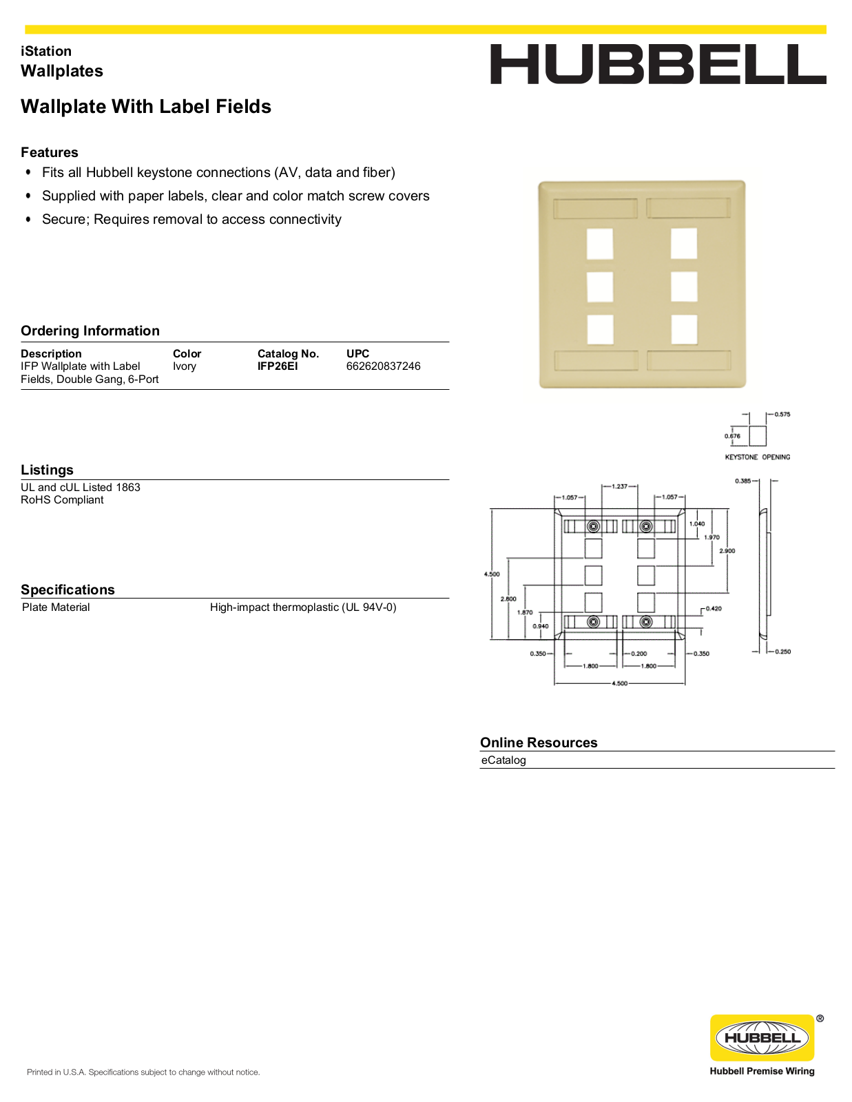 Hubbell IFP26EI Specifications