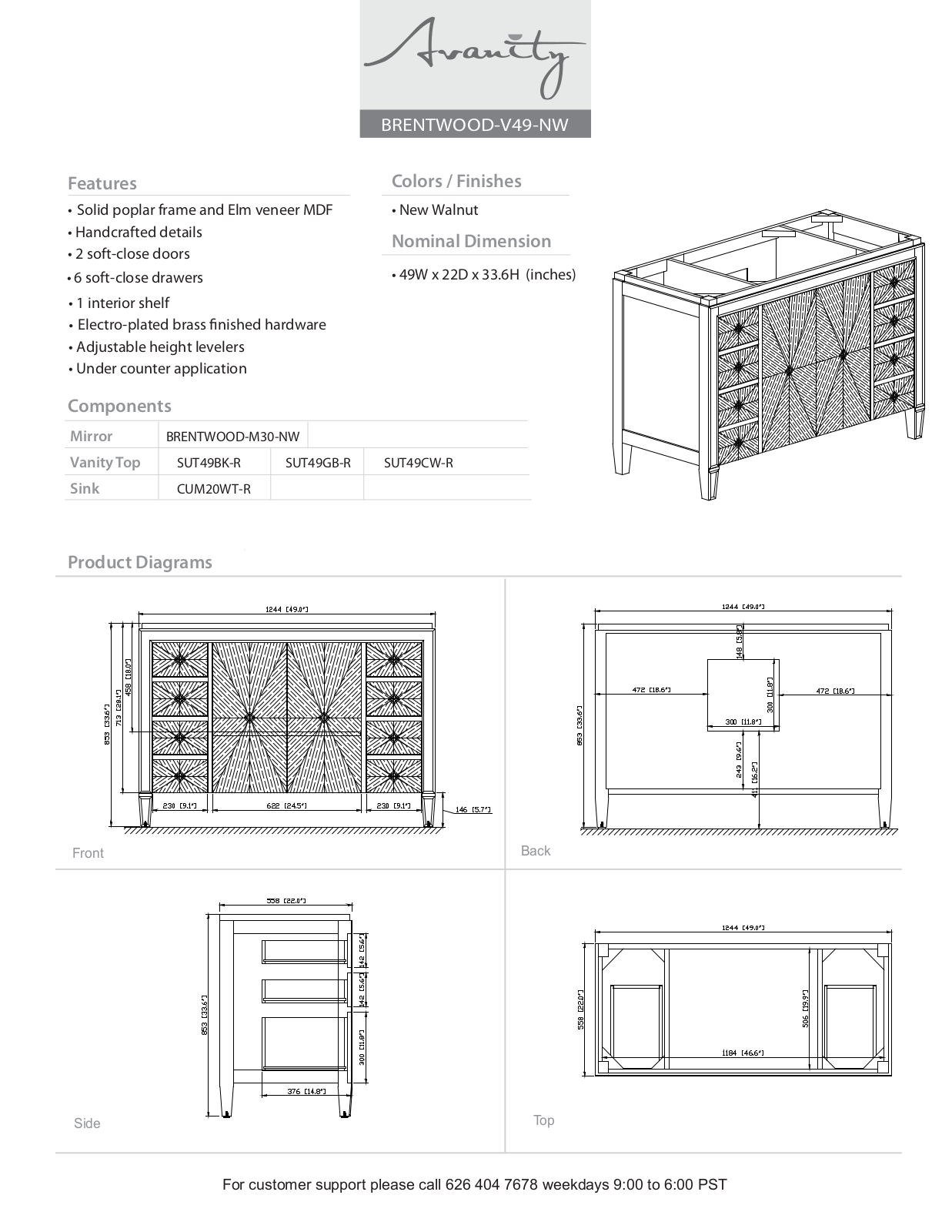 Avanity BRENTWOODVS49NWB Specifications