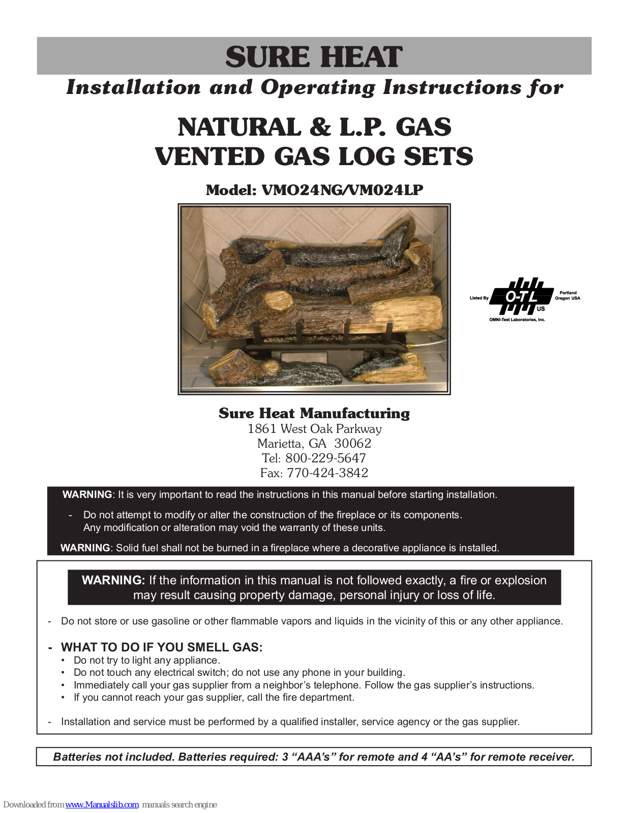 Sure Heat VMO24NG, VM024LP Installation And Operating Instructions Manual