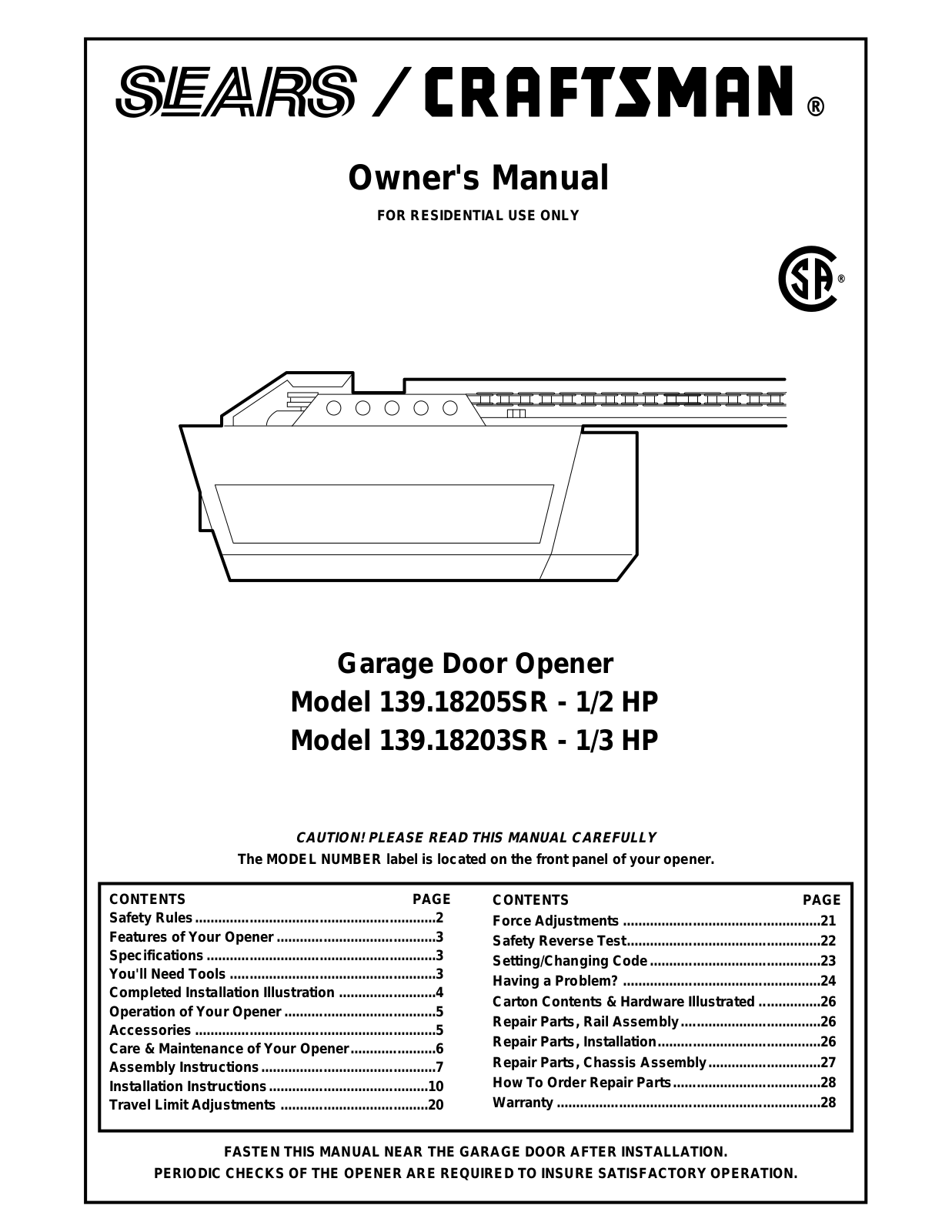 Sears 39.18205SR - 1/2 HP,139.18203SR - 1/3 HP,Craftsman 139.18205SR-1/2 HP,Craftsman 139.18203SR-1/3 HP Owner's Manual