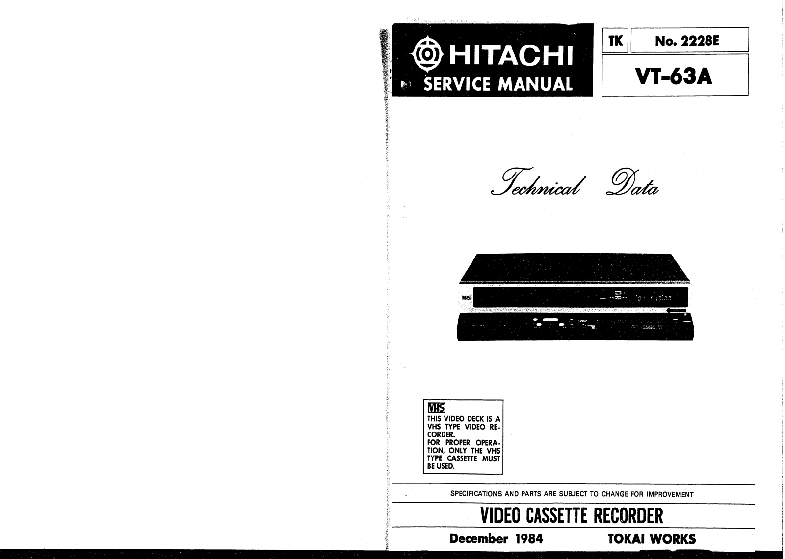 Hitachi VCR VT63A Schematic