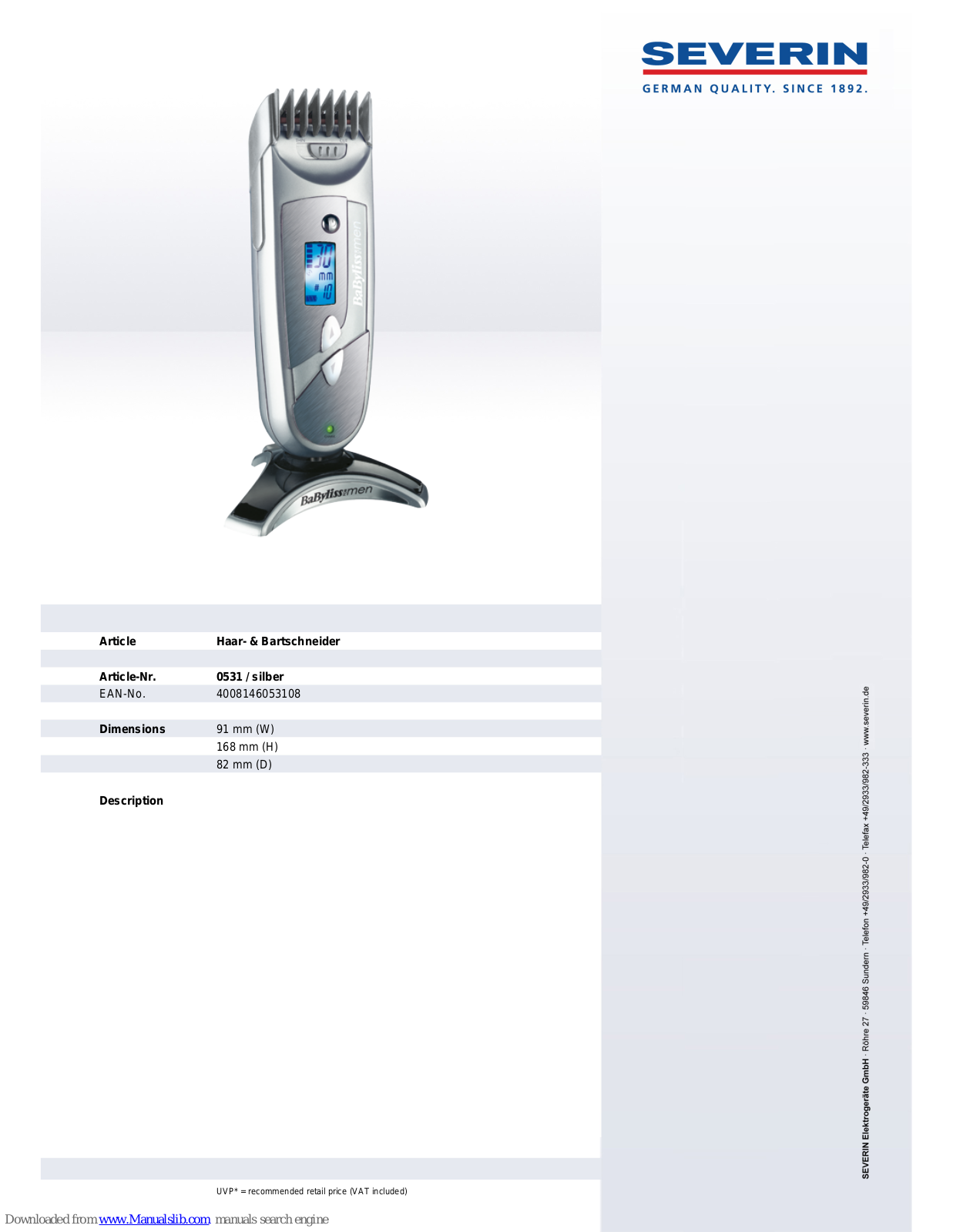 SEVERIN IQ 930 0531, 531 Dimensions