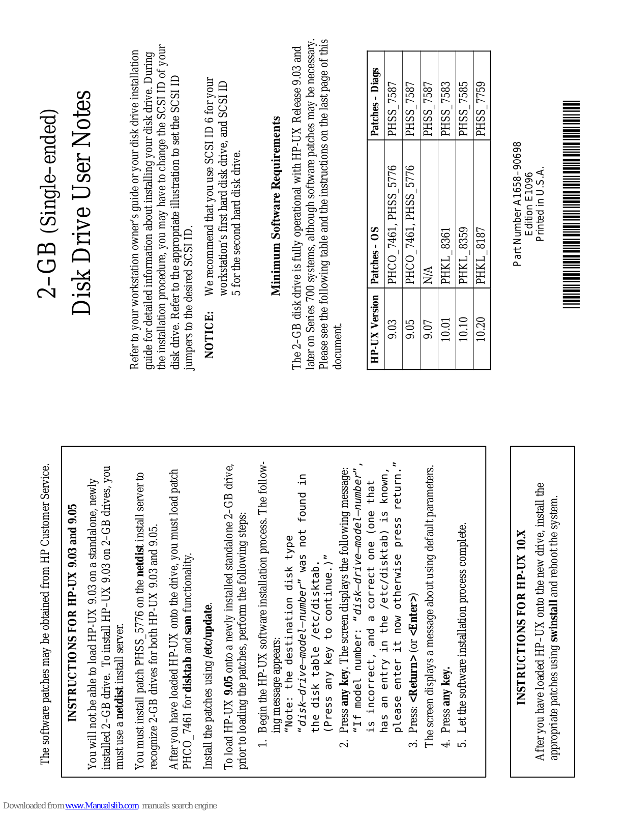 HP Workstation 712/80, Workstation 710, Workstation 715/100xc, Workstation 715/33, Workstation 715/50 2–GB (Single–ended) Disk Drive User Notes