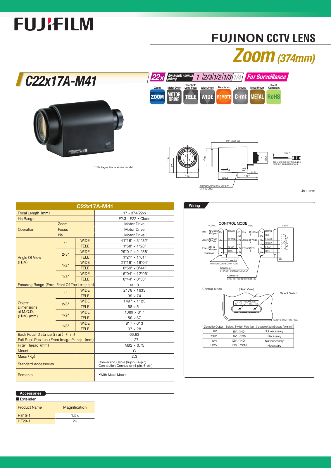 Fujinon C22x17A-M41 Specsheet