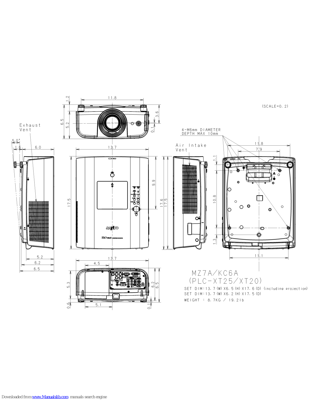 Sanyo PLC-XT25, PLC-XT20, MZ7A, KC6A Dimensional Drawing - ManualMachine.com