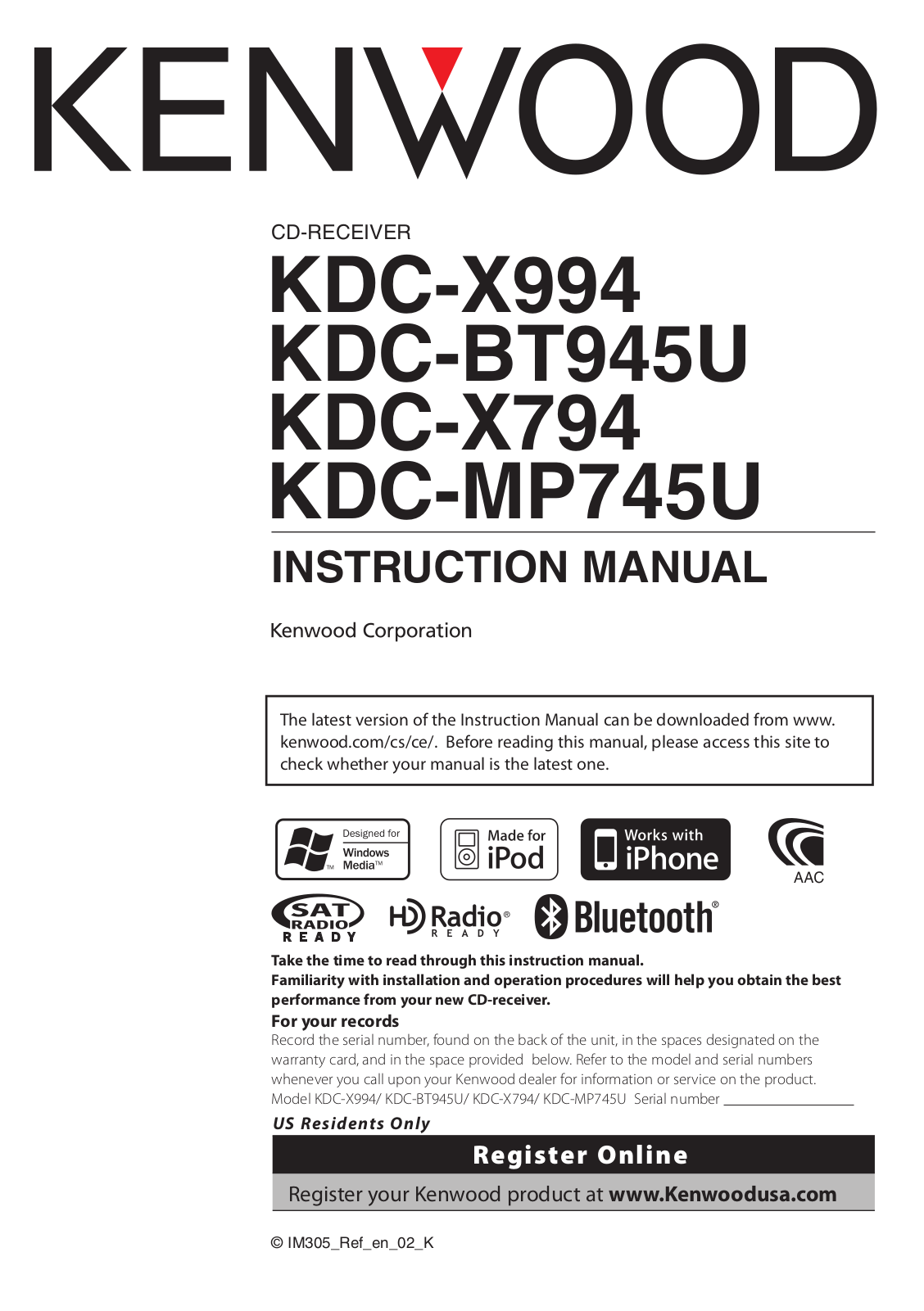 Kenwood KDC-BT945U User Manual