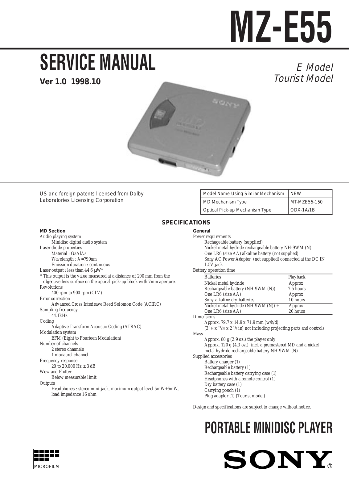 Sony MZ-E55 Service Manual