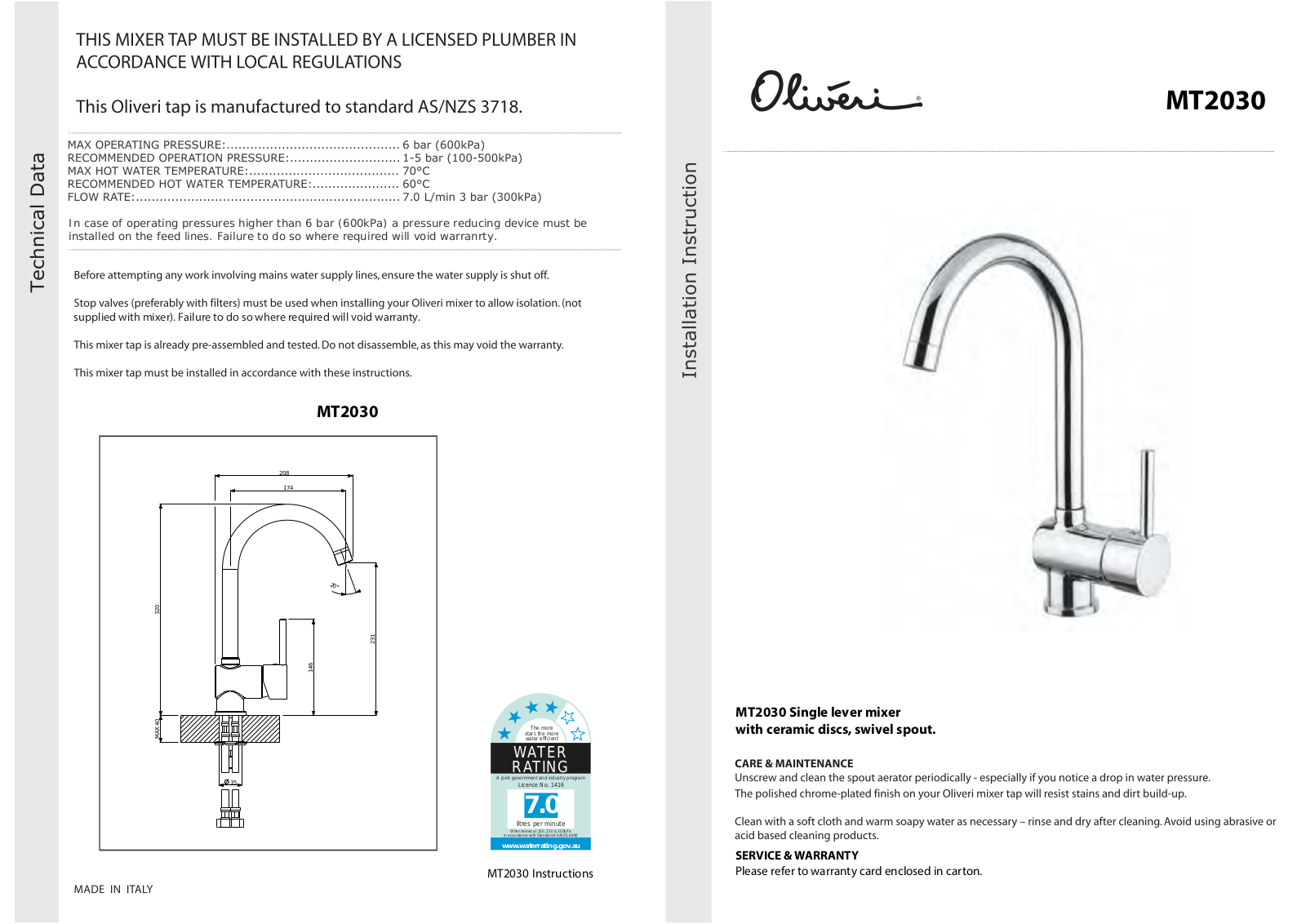 Oliveri MT2030C Installation Guide