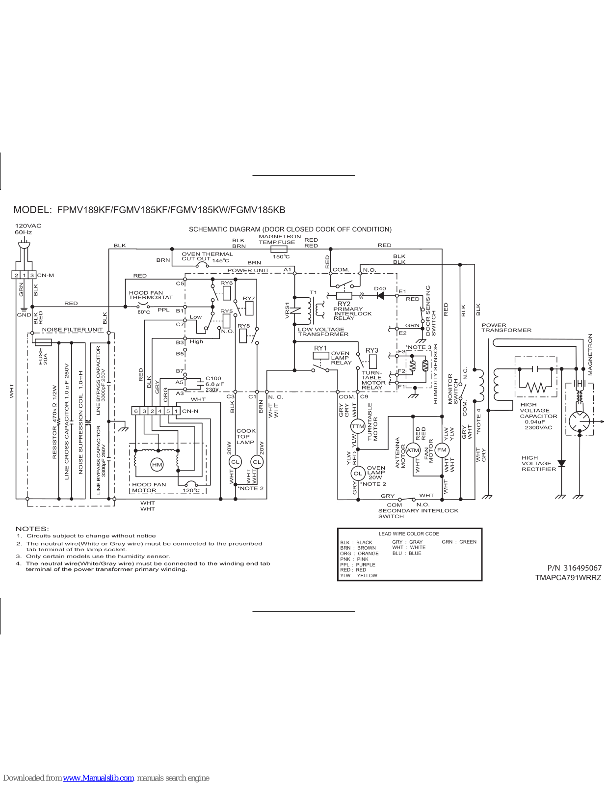 Frigidaire FGMV185KB - Gallery 1.8 cu. Ft. Microwave, FGMV185KF, FGMV185KW - 1.8 cu. Ft. Microwave, FPMV189KF, FGMV185KW Schematic Diagram