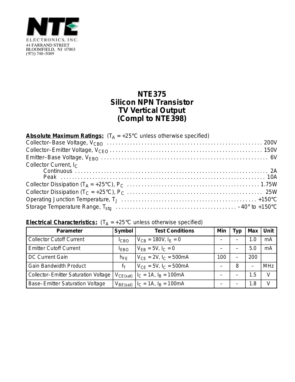 Datasheet NTE375 Datasheet (NTE) - ManualMachine.com