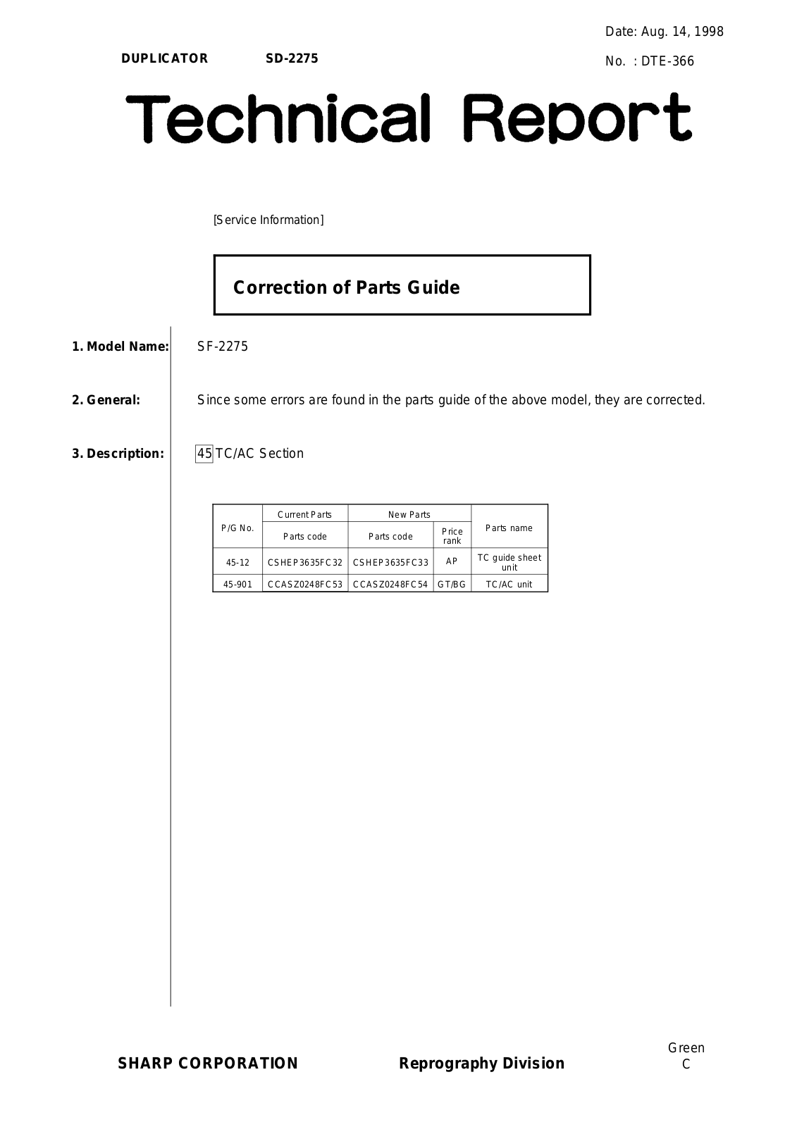 SHARP DTE366 Technical Report