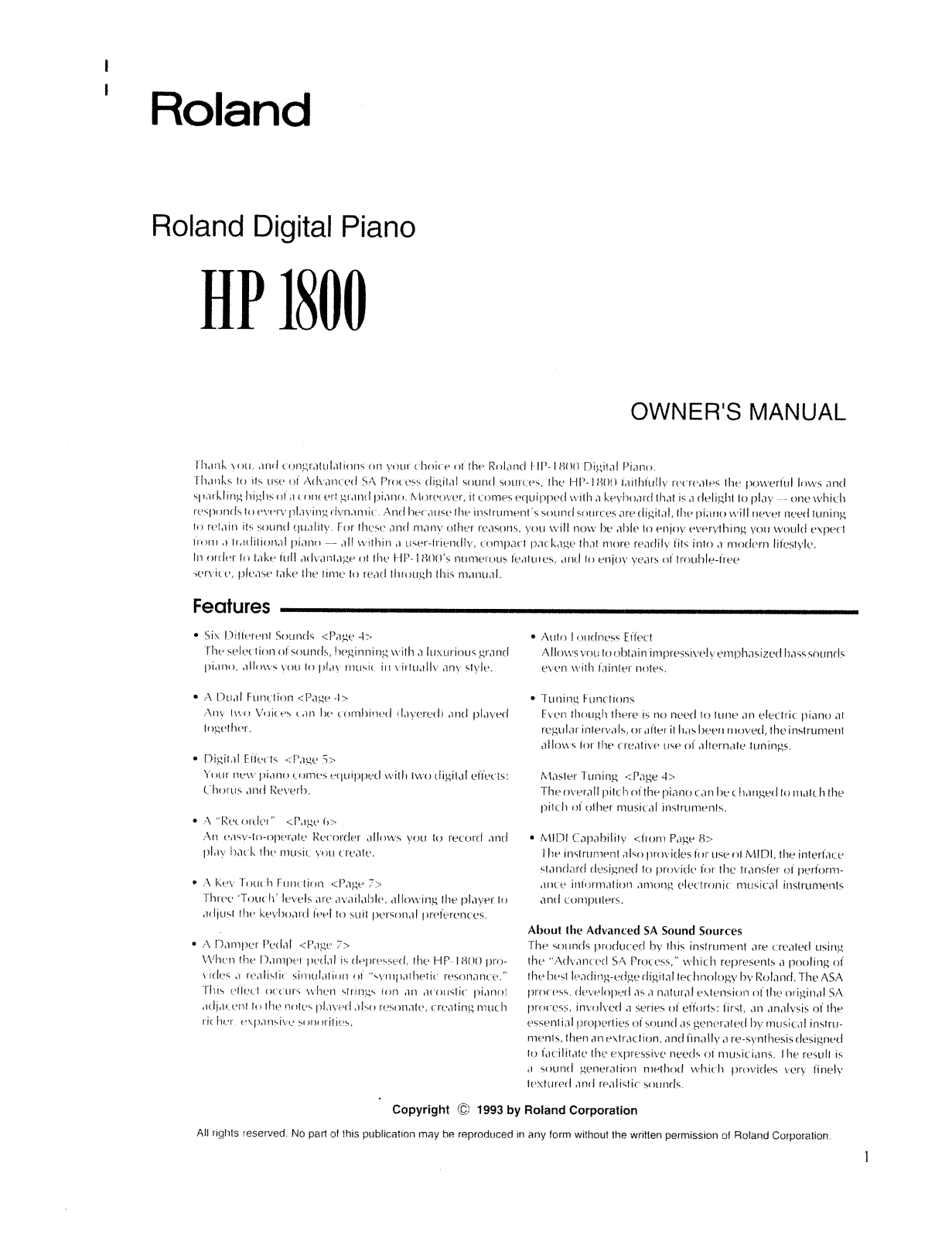Roland HP-1800 User Manual