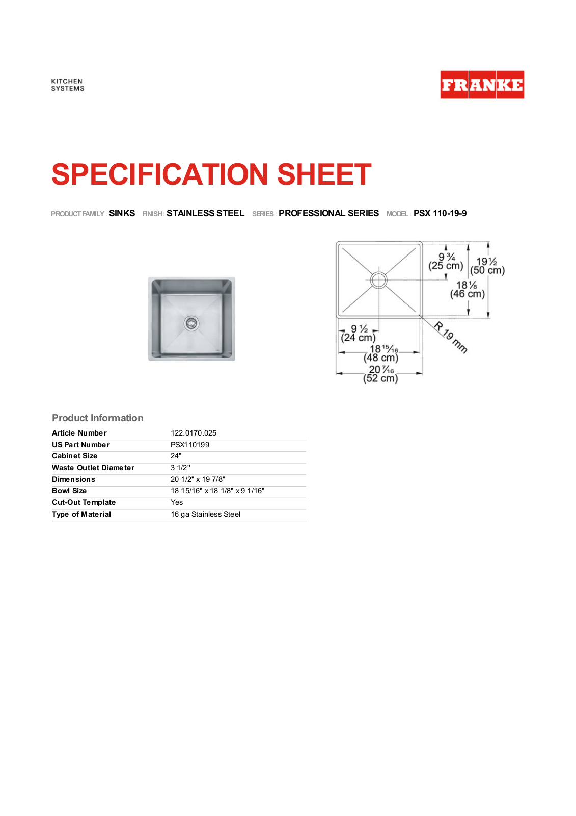 Franke Foodservice PSX 110-19-9 User Manual