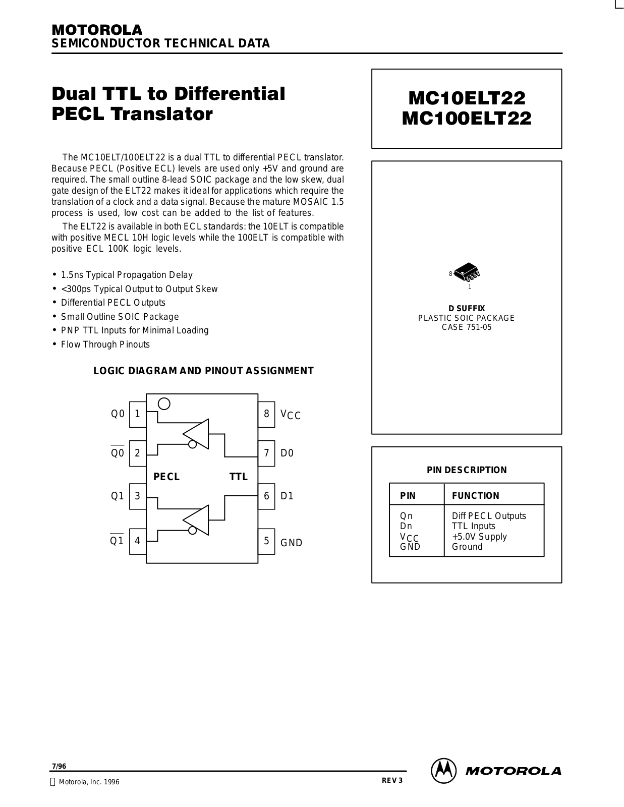 MOTOROLA MC10ELT22, MC100ELT22 Technical data