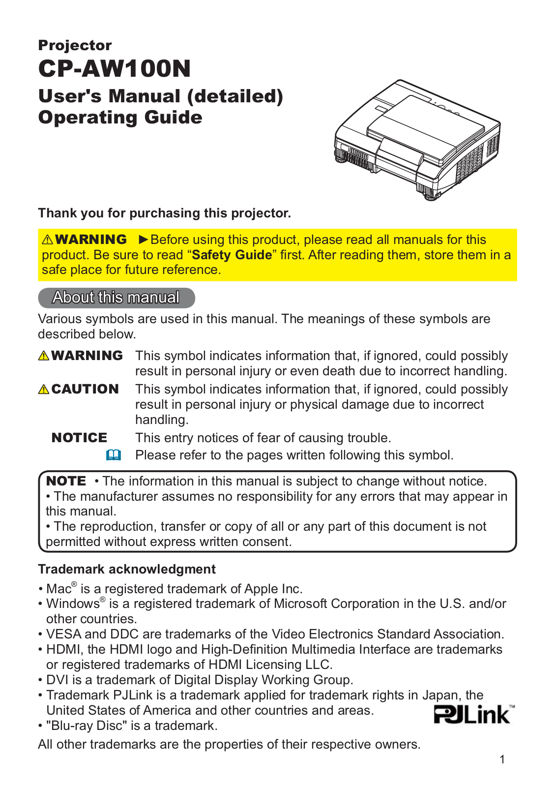 Hitachi CP-AW100N Operating Guide