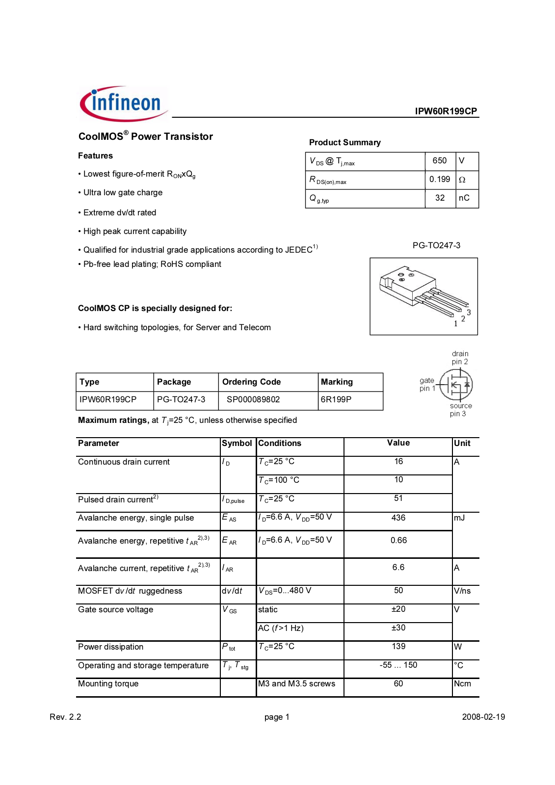 Datasheet ipw60r199cp_rev2.2a Datasheet - ManualMachine.com