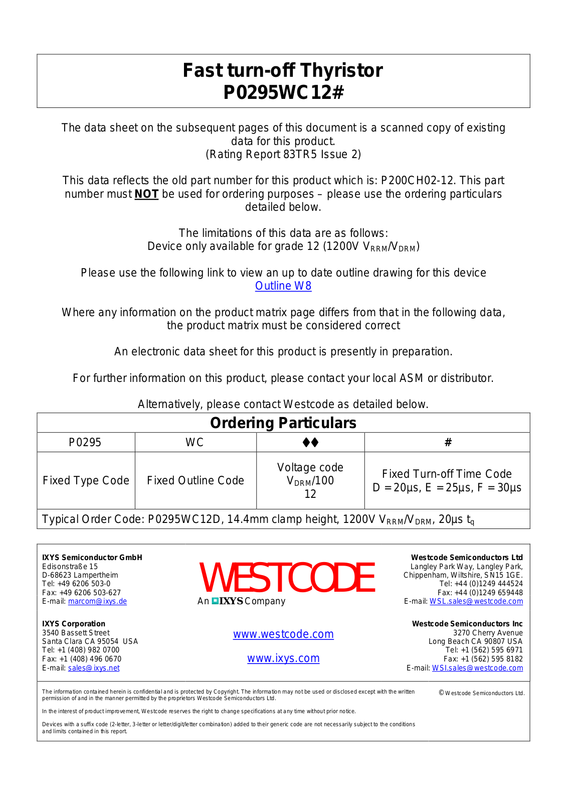 Westcode Semiconductors P0295WC12# Data Sheet