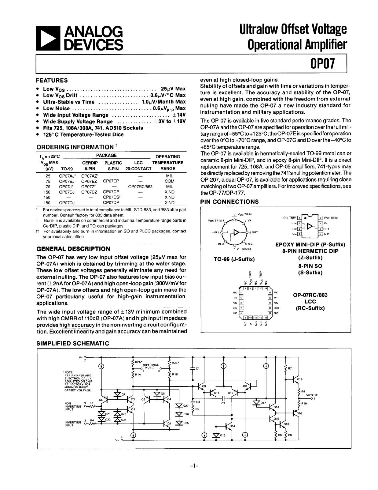 Analog Devices OP07 Datasheet