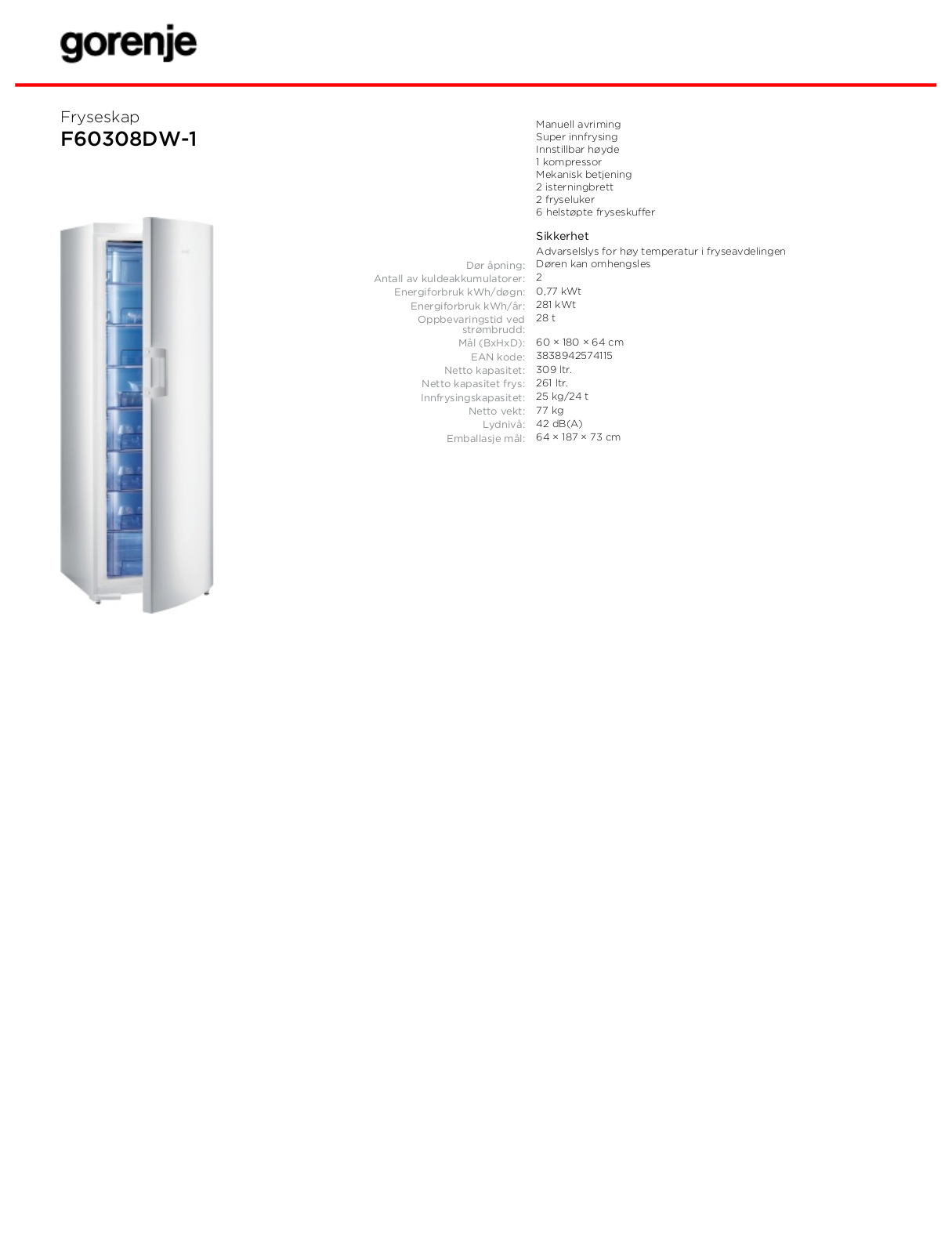 Gorenje F60308DW-1 DATASHEET