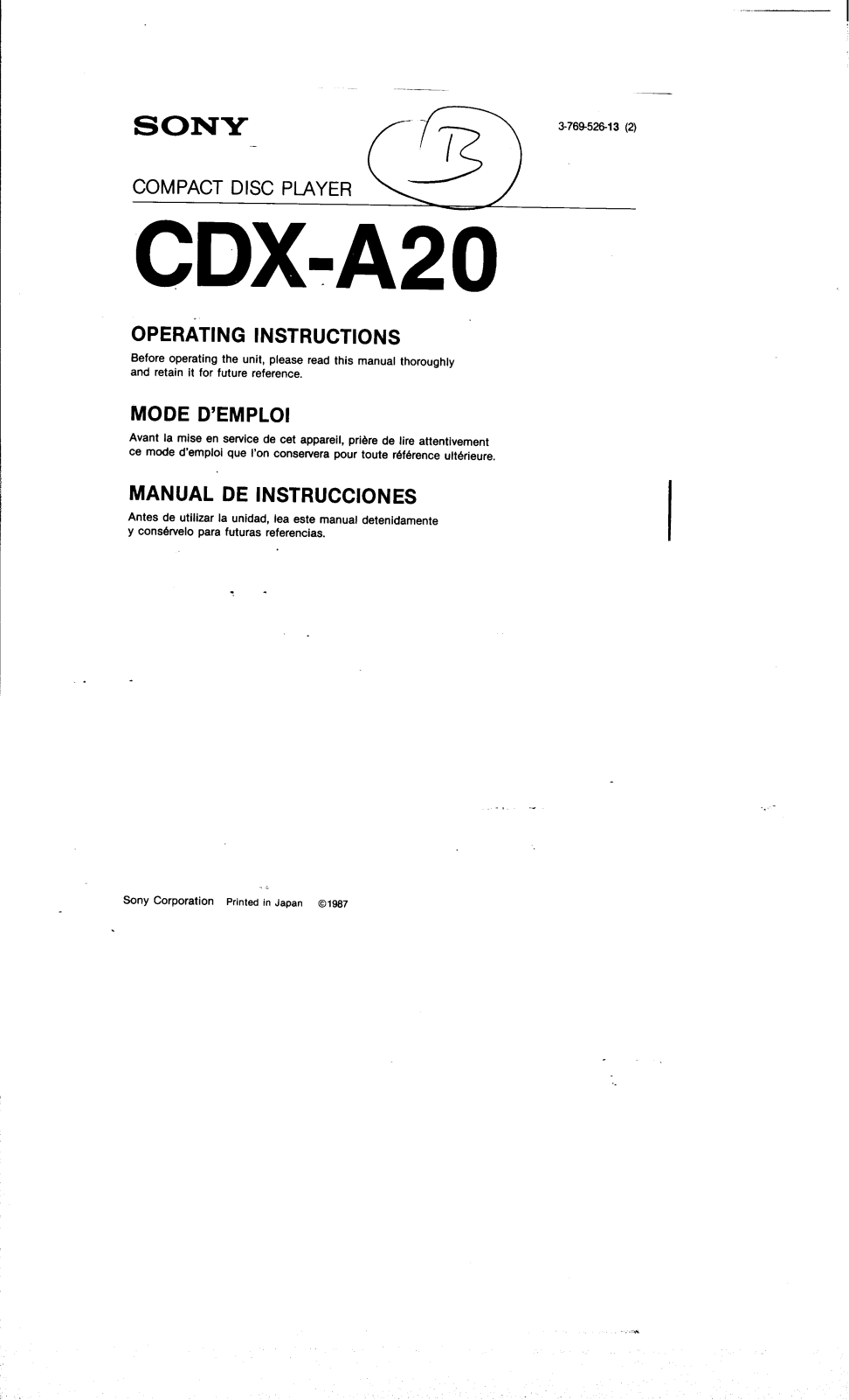 Sony CD-XA20 User Manual