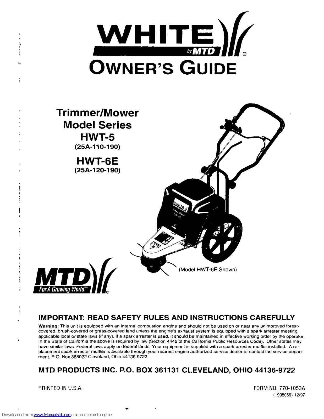 MTD White HWT-6E, White HWT-5, White 25a-110-190, White 25A-120-190 Owner's Manual