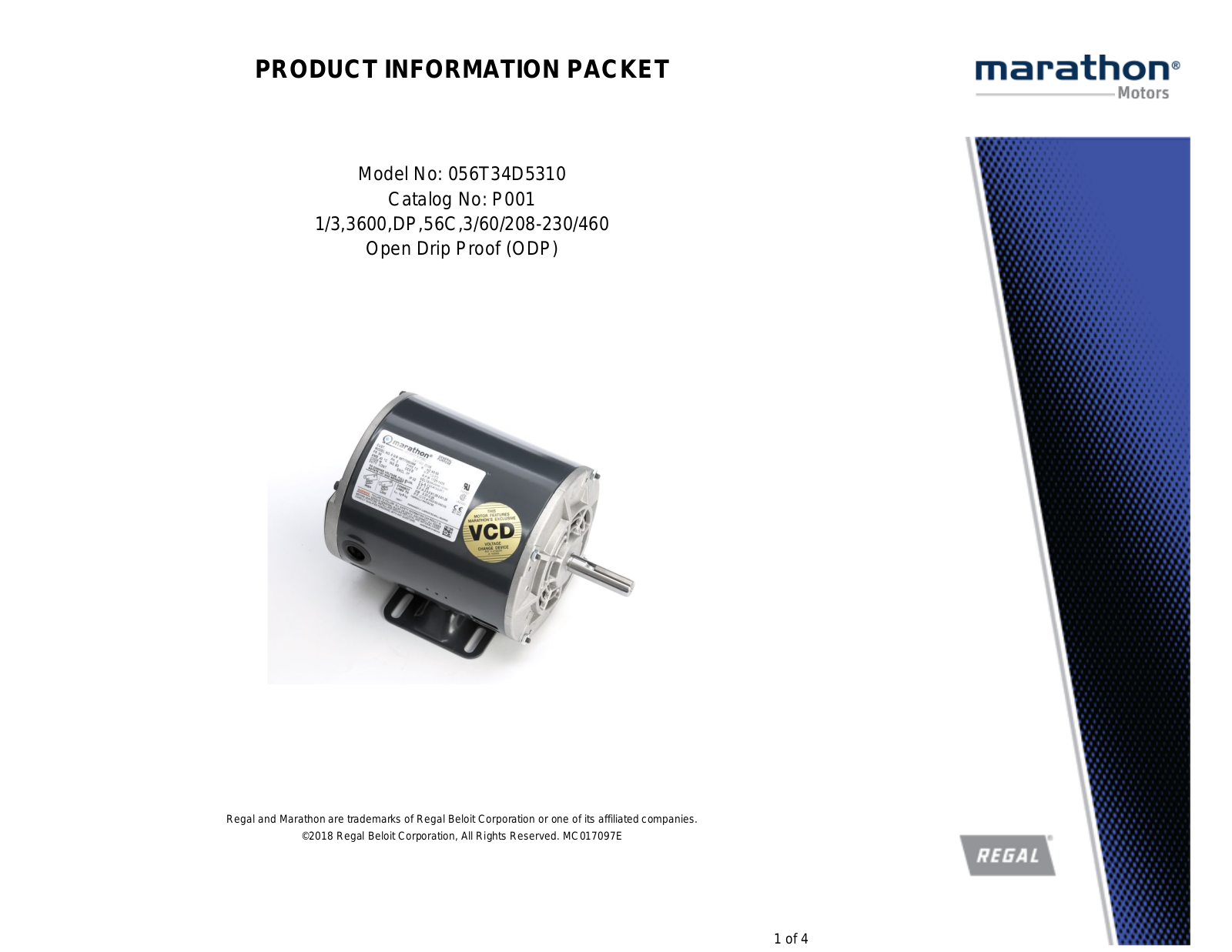 Marathon Electric 056T34D5310 Product Information Packet