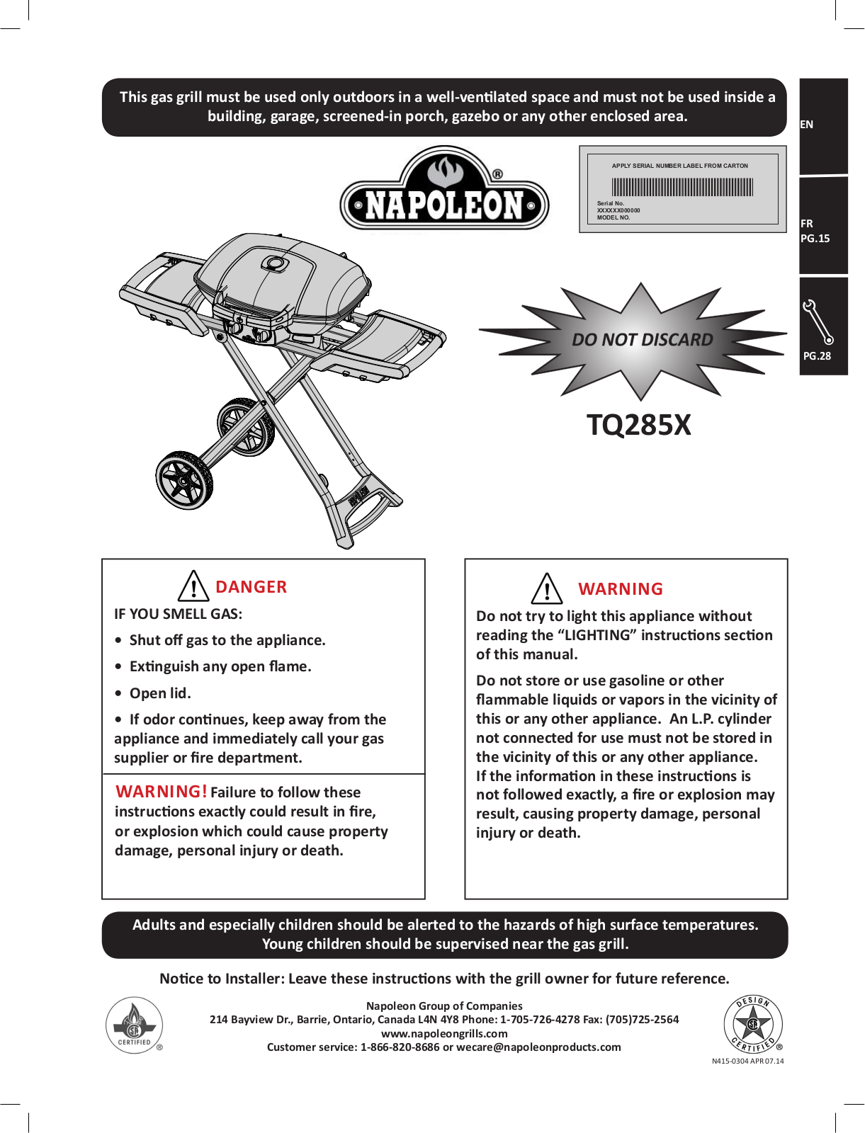 Napoleon TQ285XBL User Manual