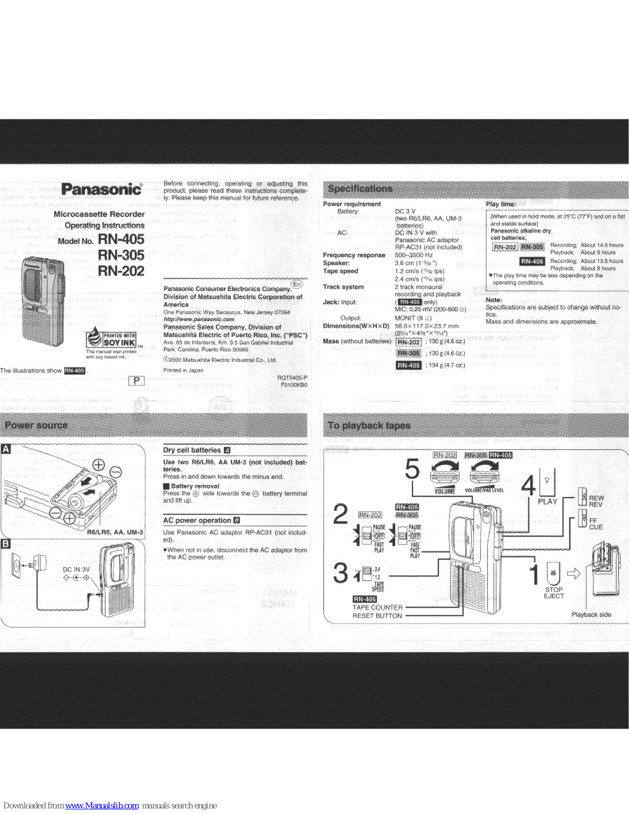 Panasonic RN-405, RN-305, RN-2021 - Microcassette Dictaphone Operating Instructions Manual