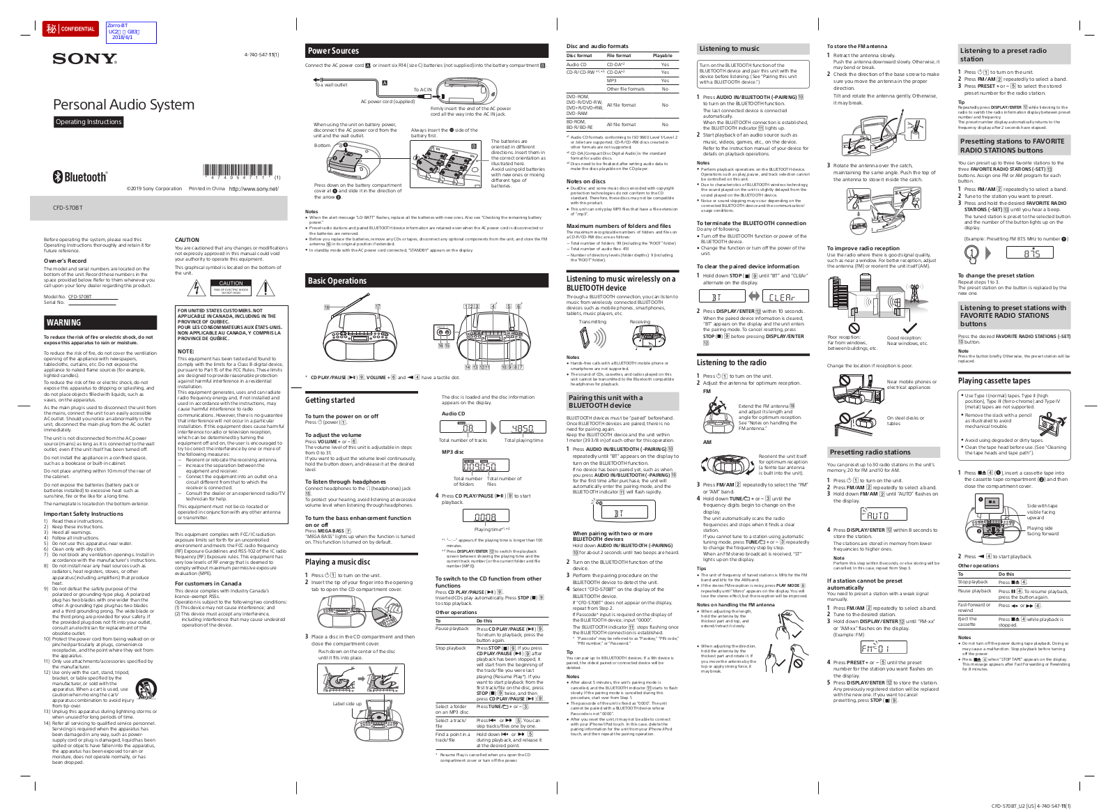 Sony CFDS70BT User Manual