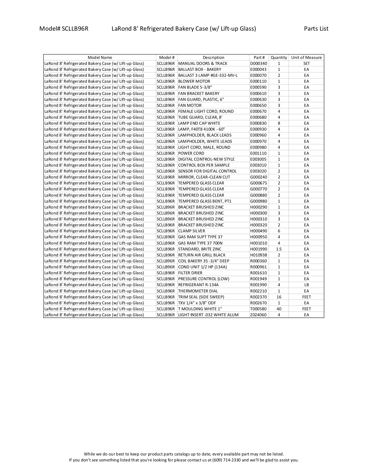 RPI Industries SCLLB96R Parts List