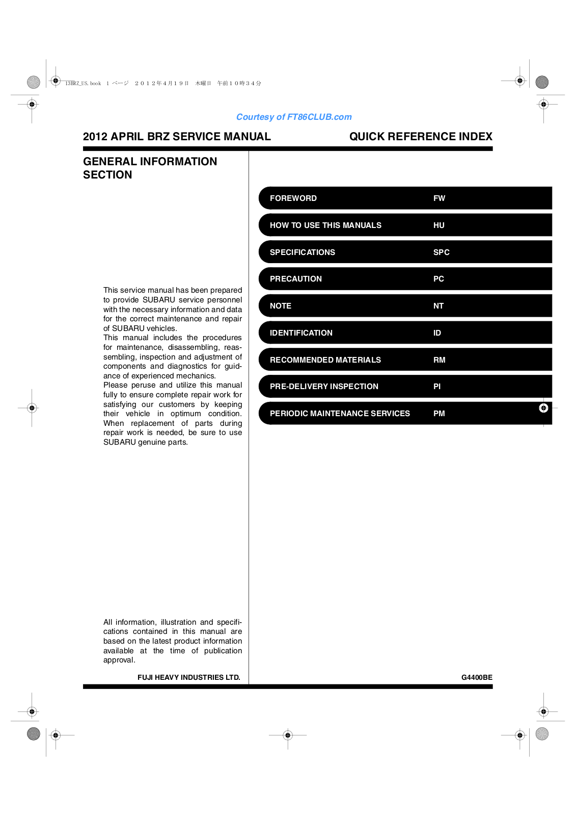 Subaru BRZ 2012 User Manual