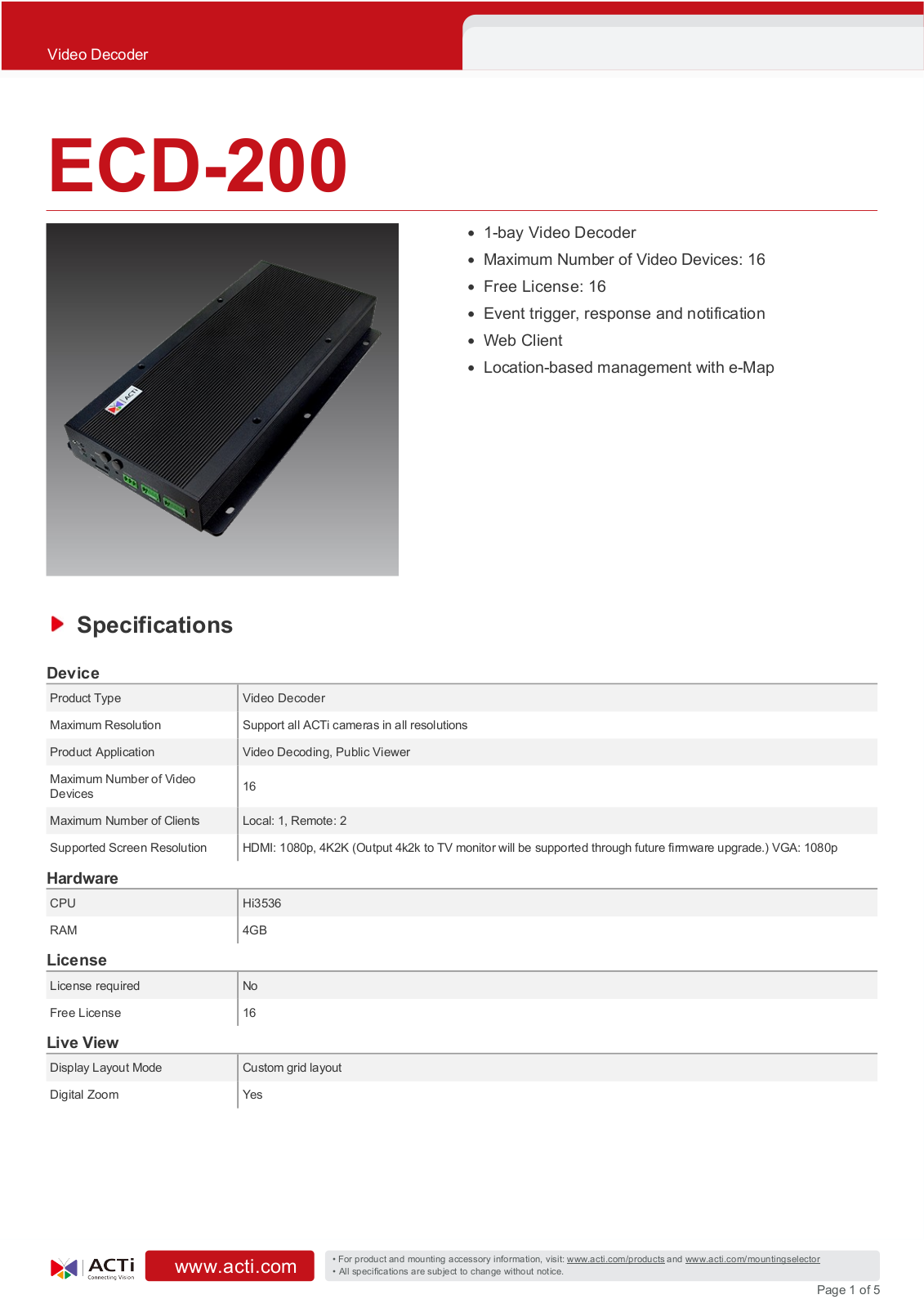 ACTi ECD-200 Specsheet