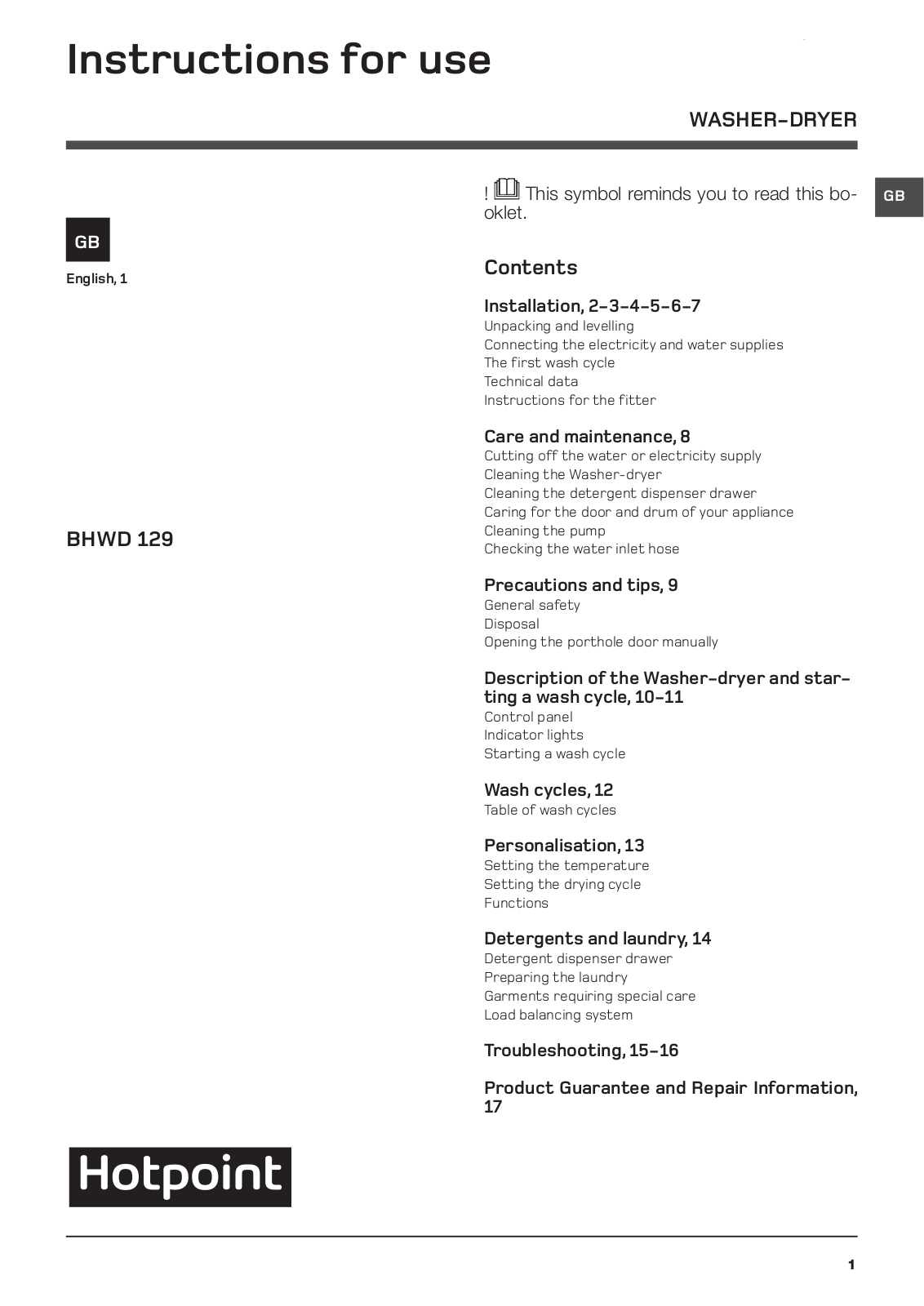 HOTPOINT BHWD 129 (UK)/1 User Manual