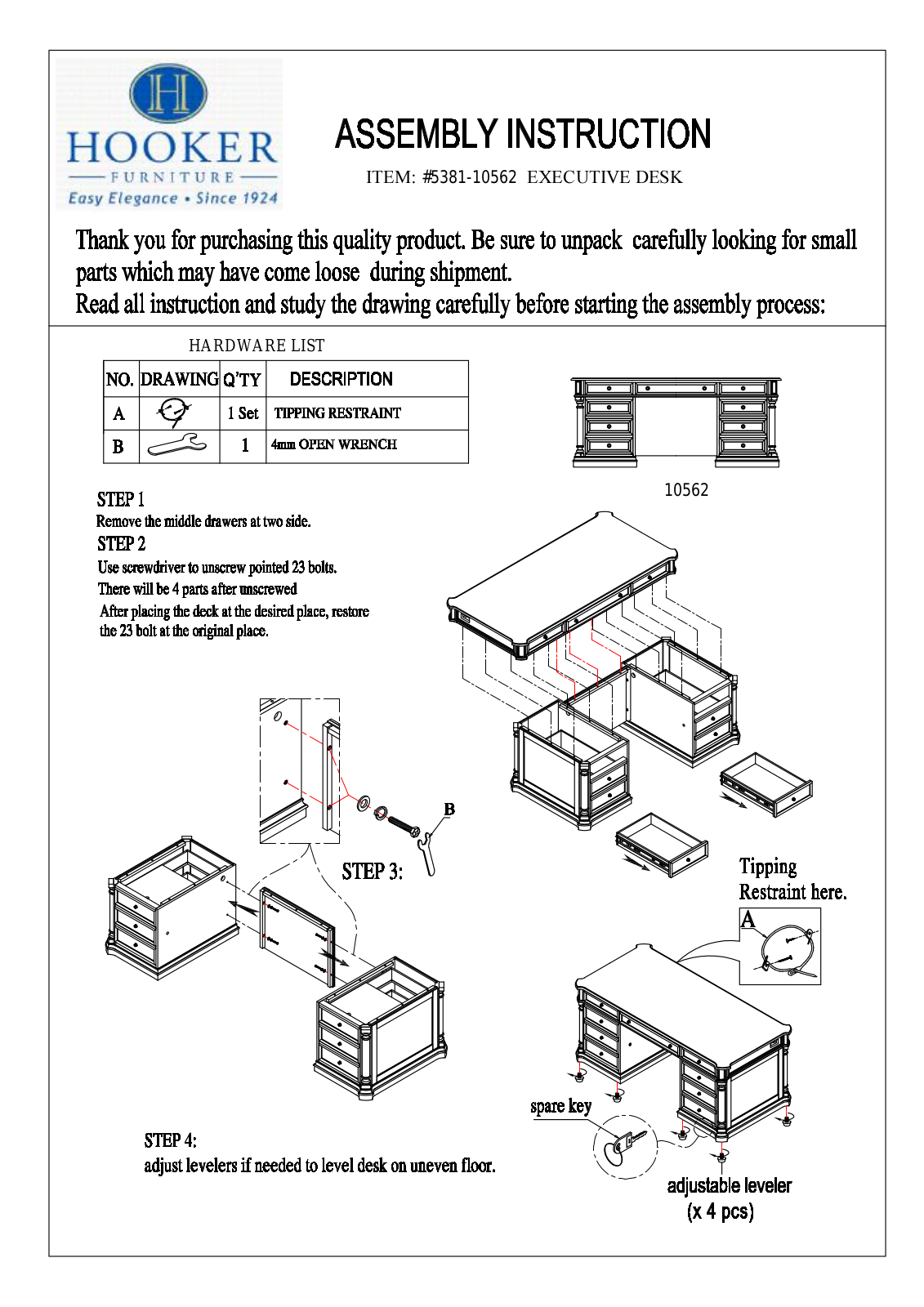 Hooker Furniture 538110562 Assembly Guide