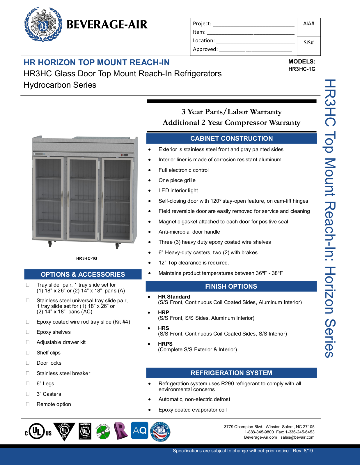 Beverage-Air HR3HC1G Specifications