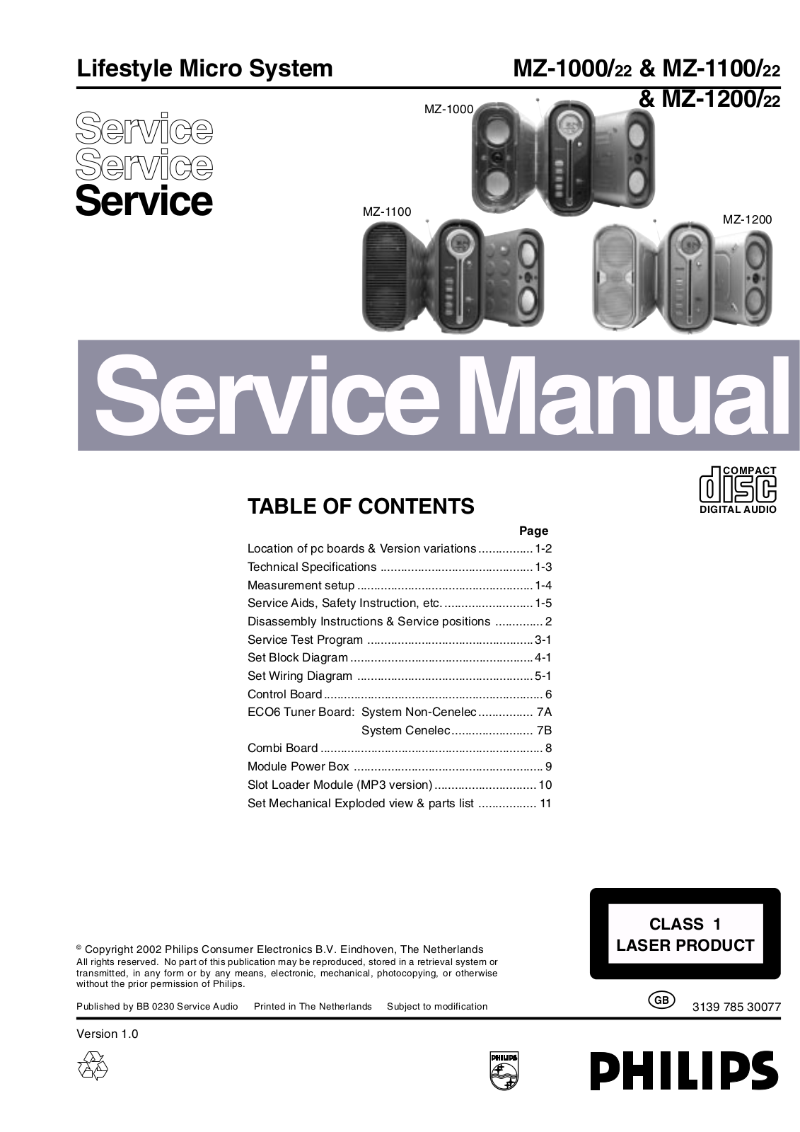 Philips MZ-1000-22, MZ-1100-22, MZ-1200-22 Service Manual