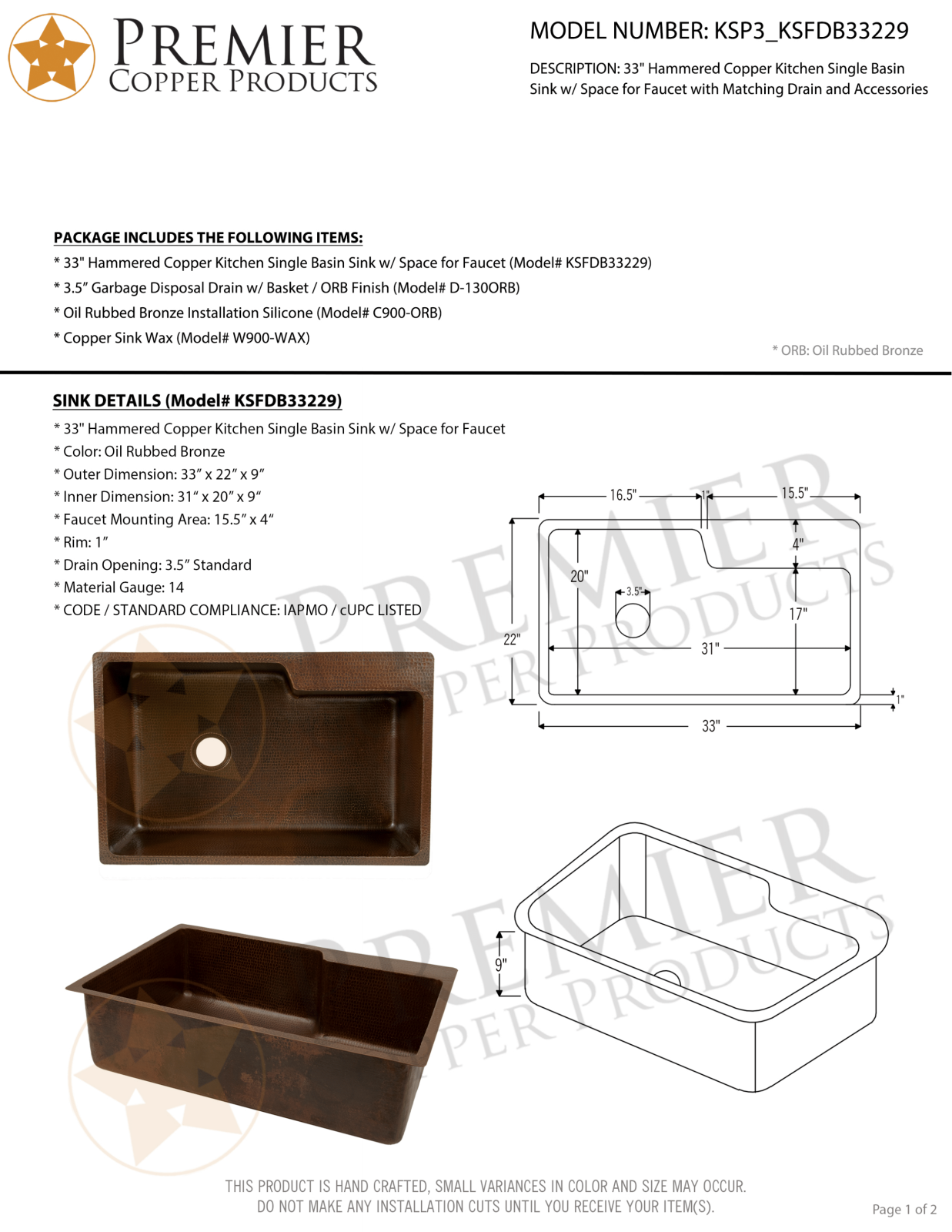 Premier Copper Products IER1589 Specifications - ManualMachine.com
